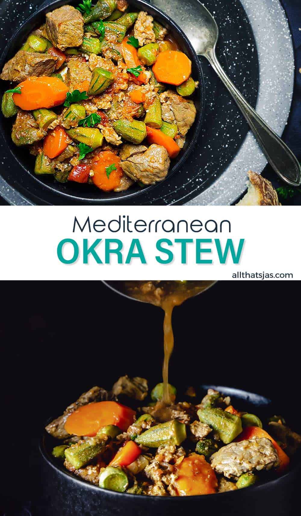 Two photo image of okra stew with text overlay in the middle.