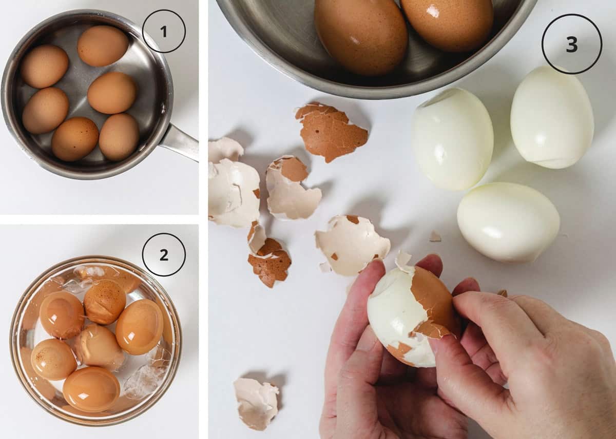 Boiling eggs steps with eggs in a pot, in ice water, and being peeled.