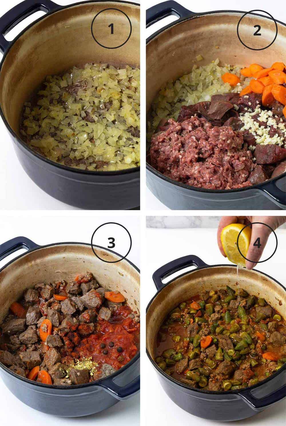 Four photo image of the pot with steps to making okra stew.