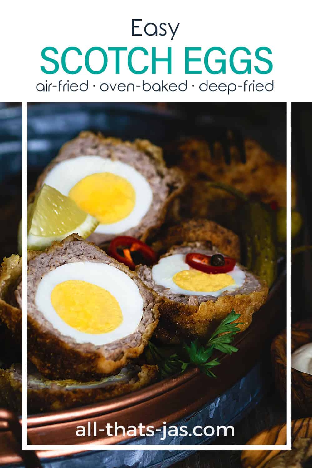 A close up of Scotch egg halves with text overlay.