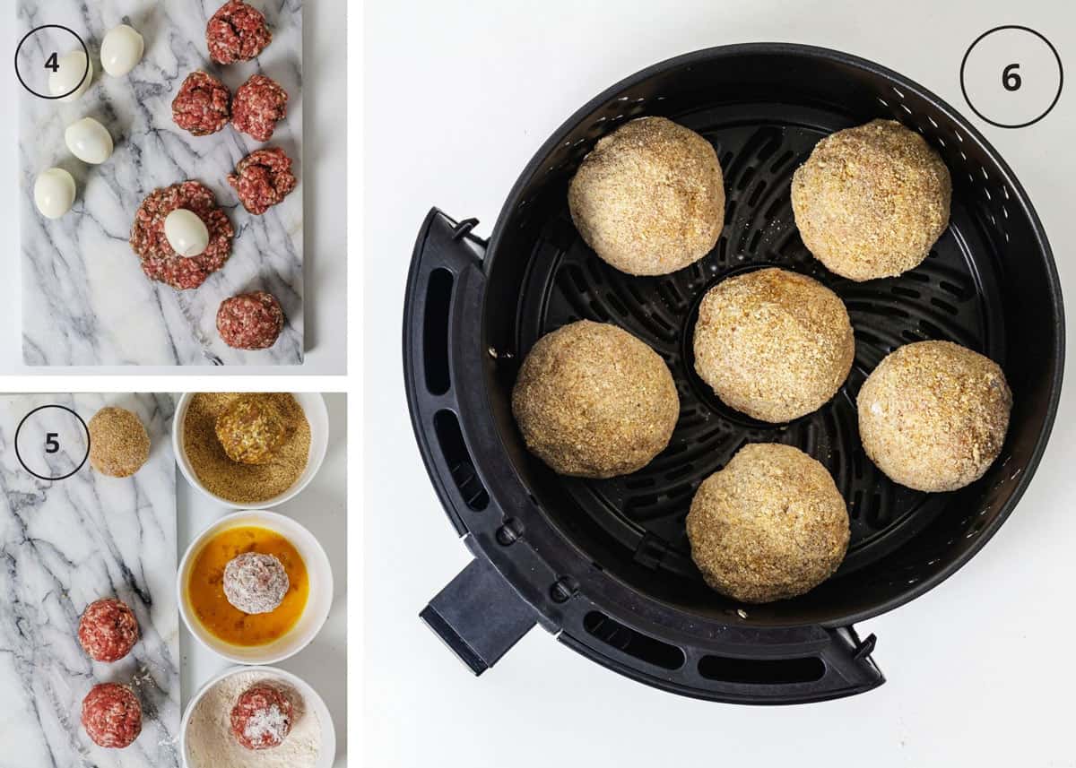 Assembling the eggs by encasing with meat, coating with flour, eggs, and breadcrumbs, and cooking them in an air fryer.