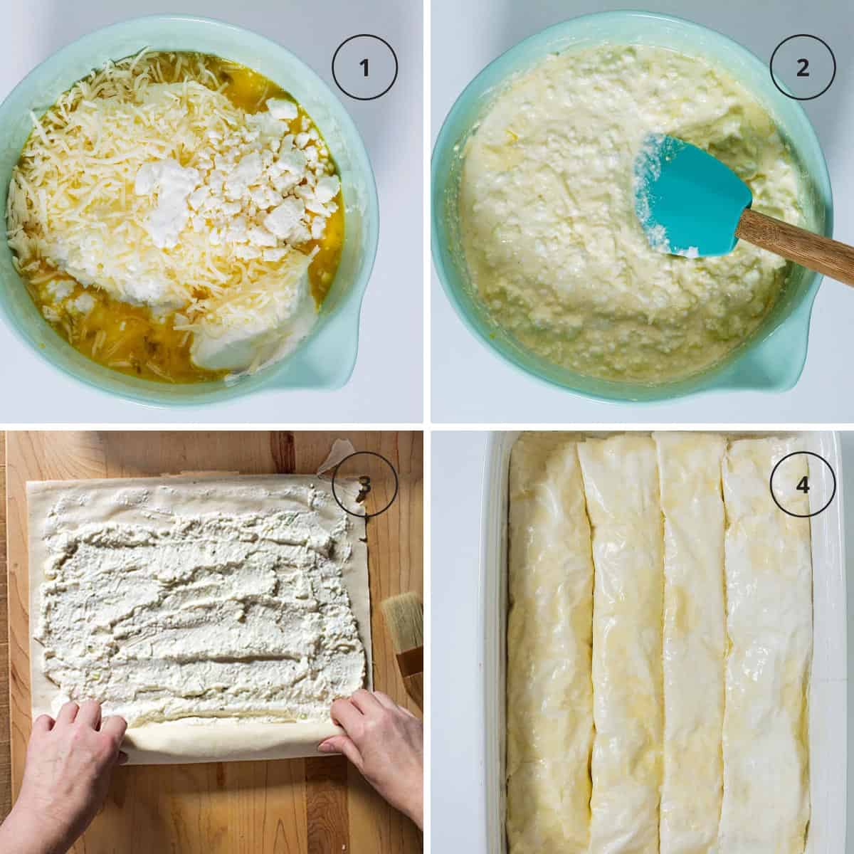 Four photos of steps for making the sirnica with cheese filling in a bowl, layering of the fillo, and fillo rolls in the baking pan.