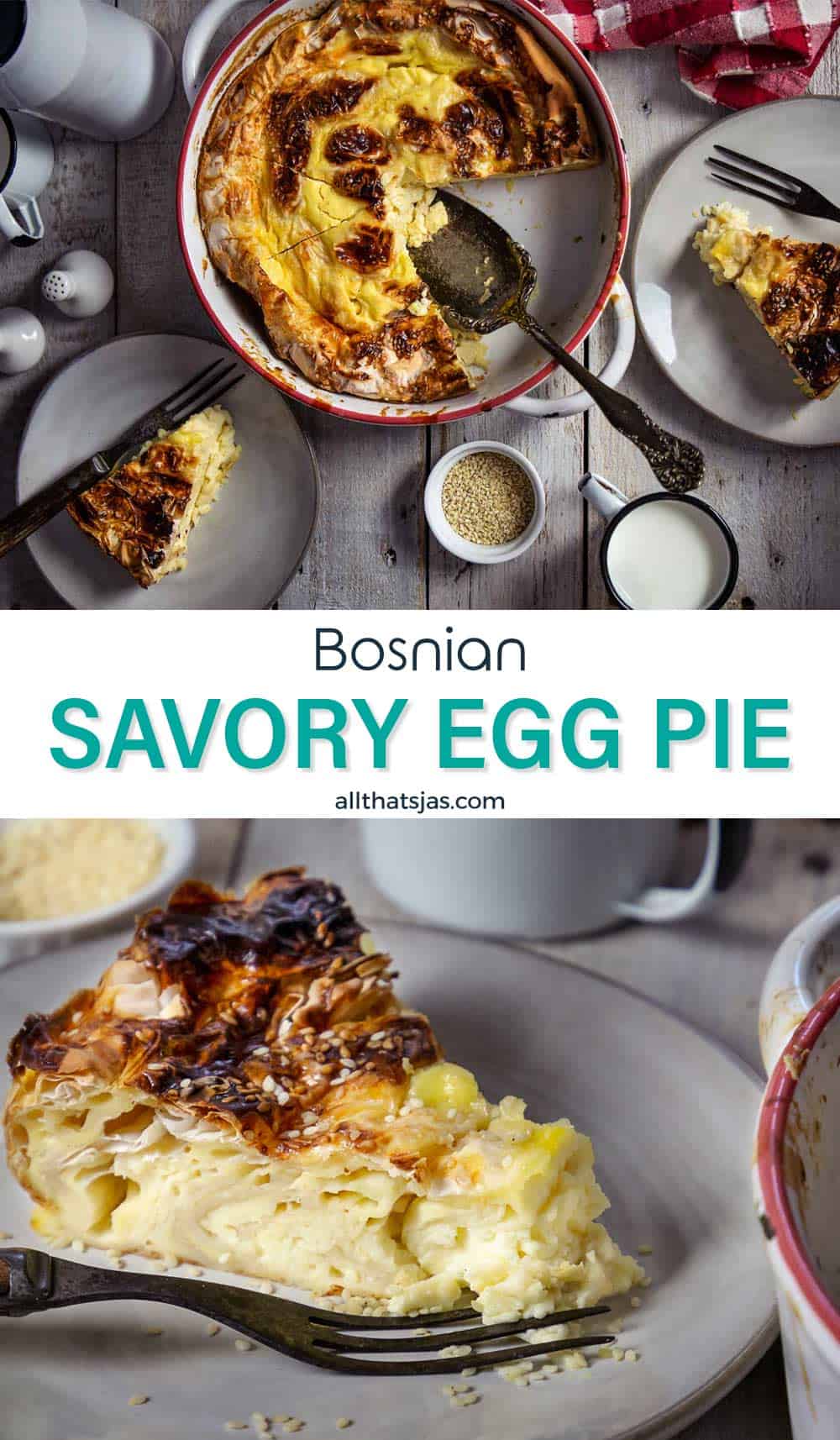 Two photo image of the savory egg pie with text overlay in the middle.