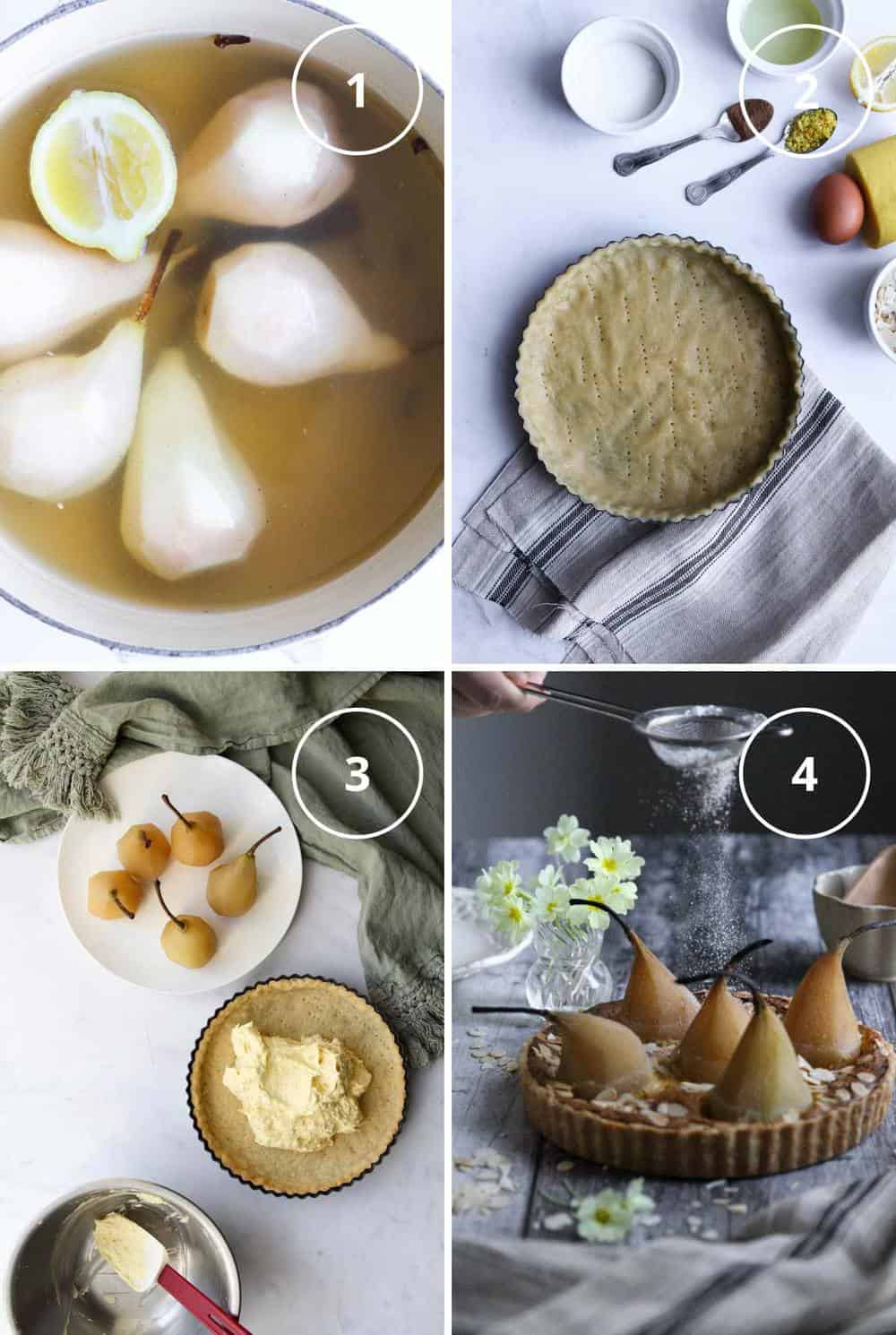 Four steps to making French pear almond tart with poaching the pears, making the tart shell, filling the shell with almond cream, and finished tart being dusted with sugar.