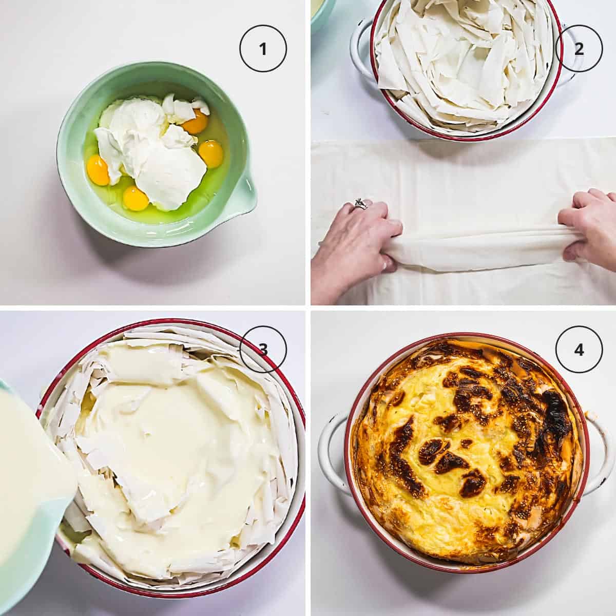 Four photo image with steps to make the savory egg pie with fillo pastry.