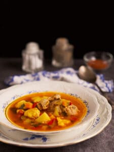 CHicken paprikash in a soup bowl sitting on a plate.