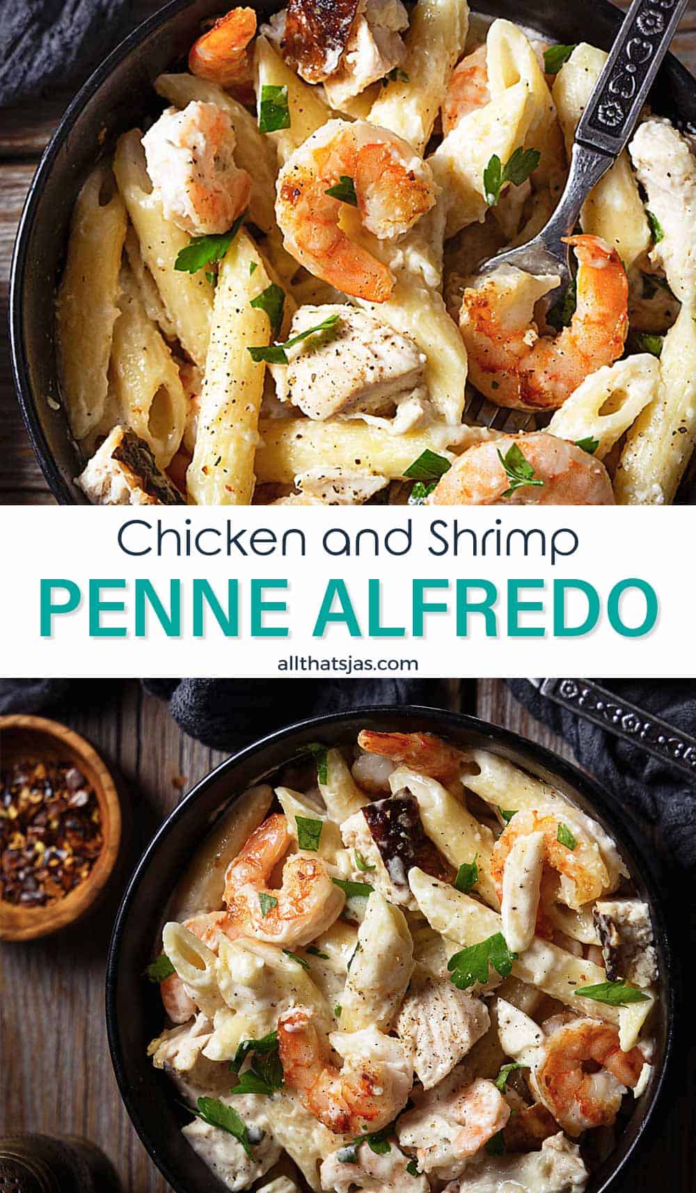 Two photo image with penne in a creamy sauce with protein and text overlay in the middle.