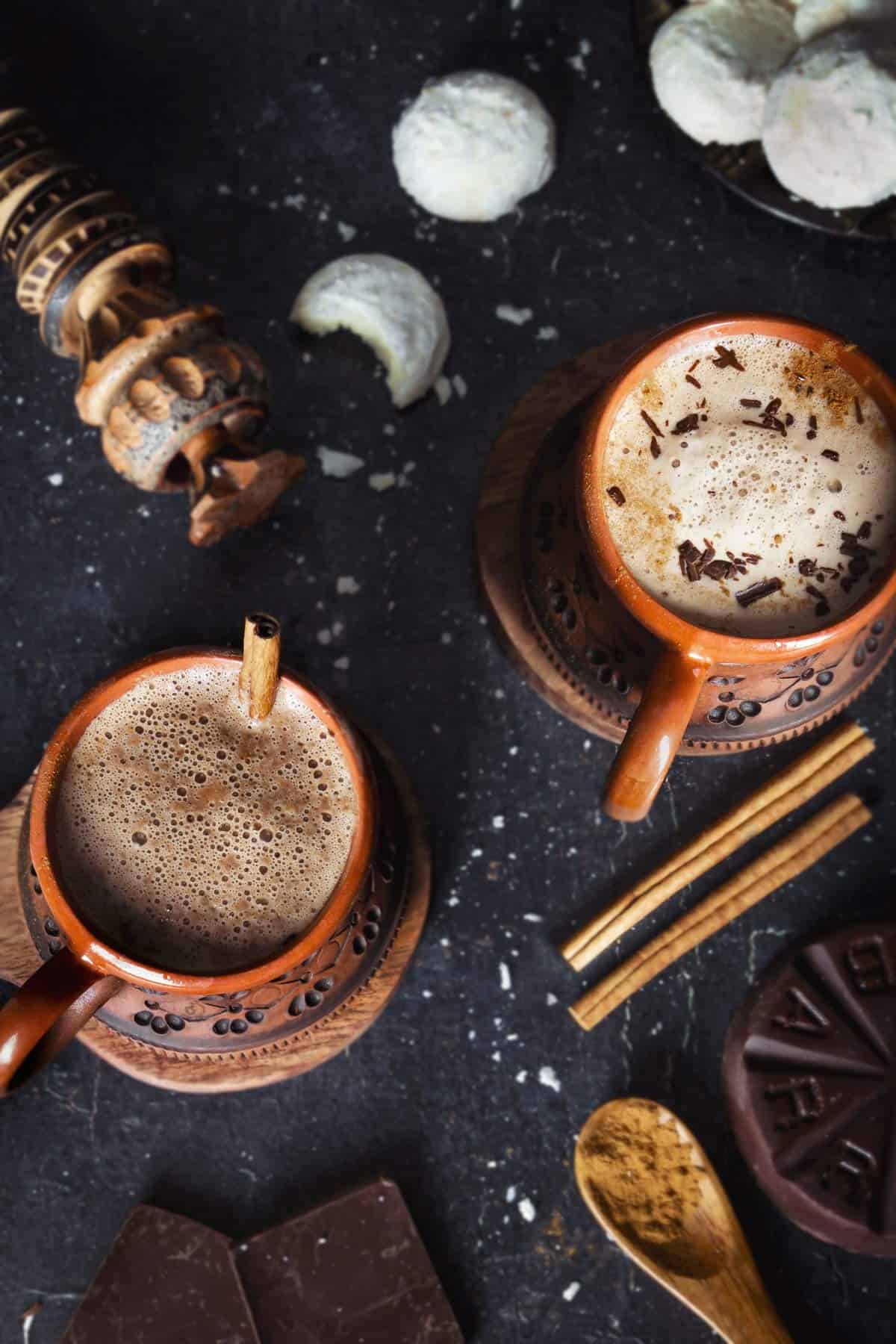 Two servings of Wahaca hot chocolate on a table.