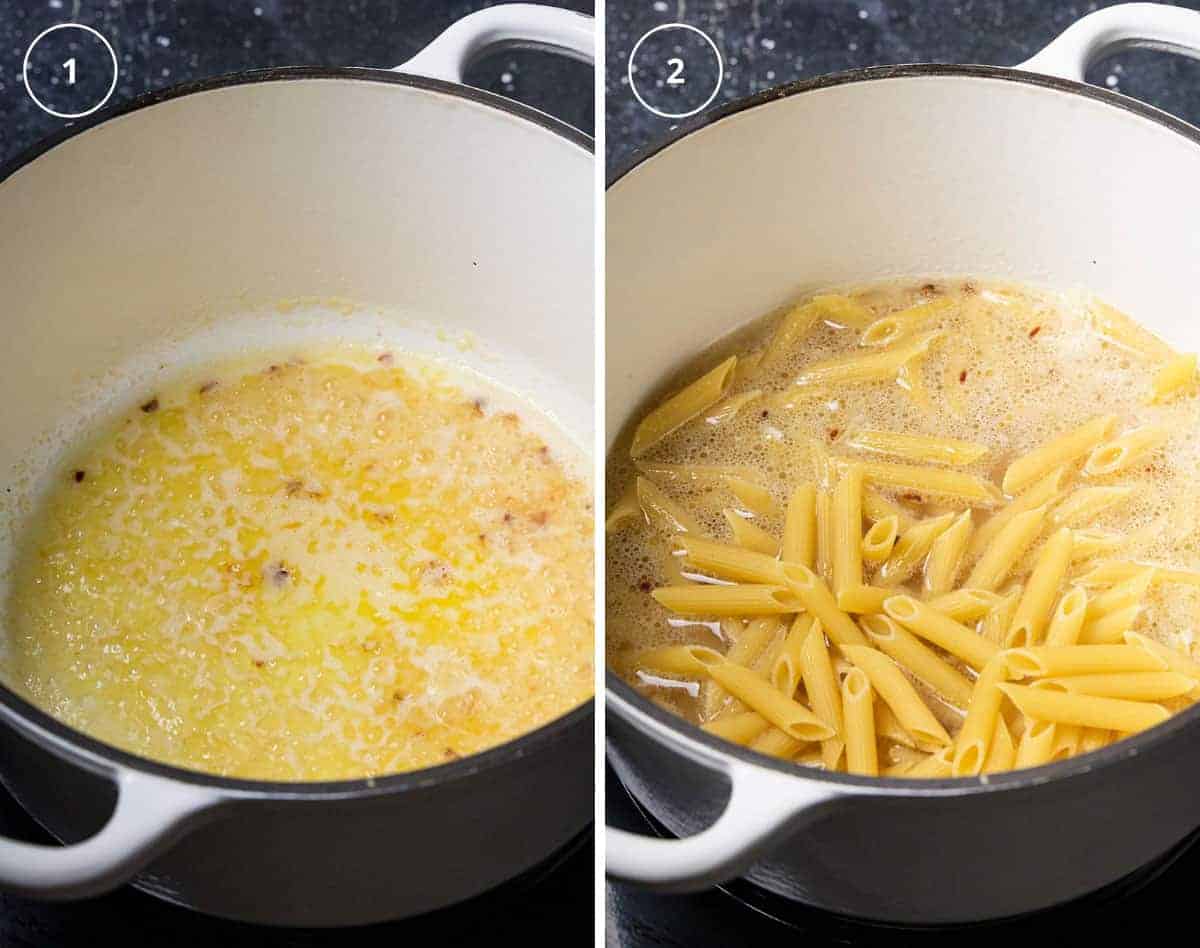 A pot with melted butter, garlic, and white wine, and a pot with added penne pasta.