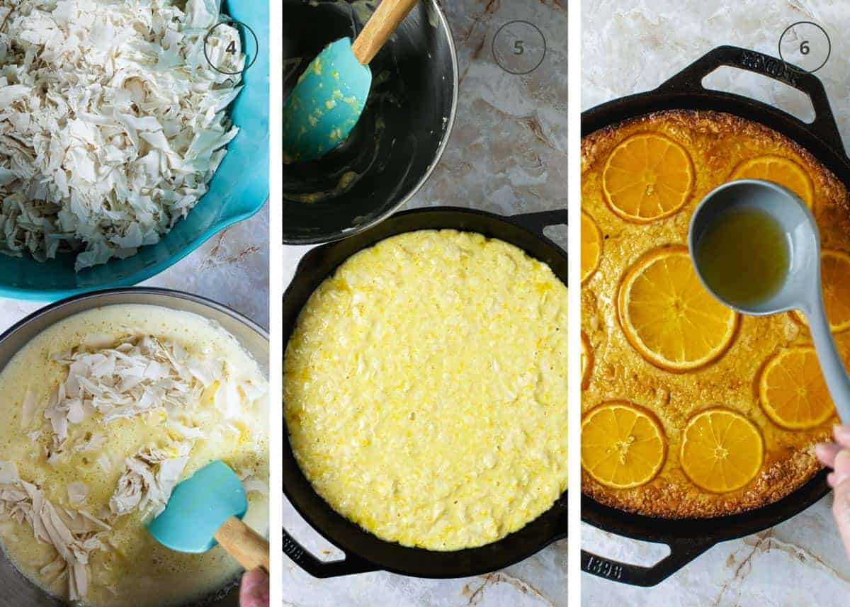 Steps for assembling the Greek portokalopita into the skillet.