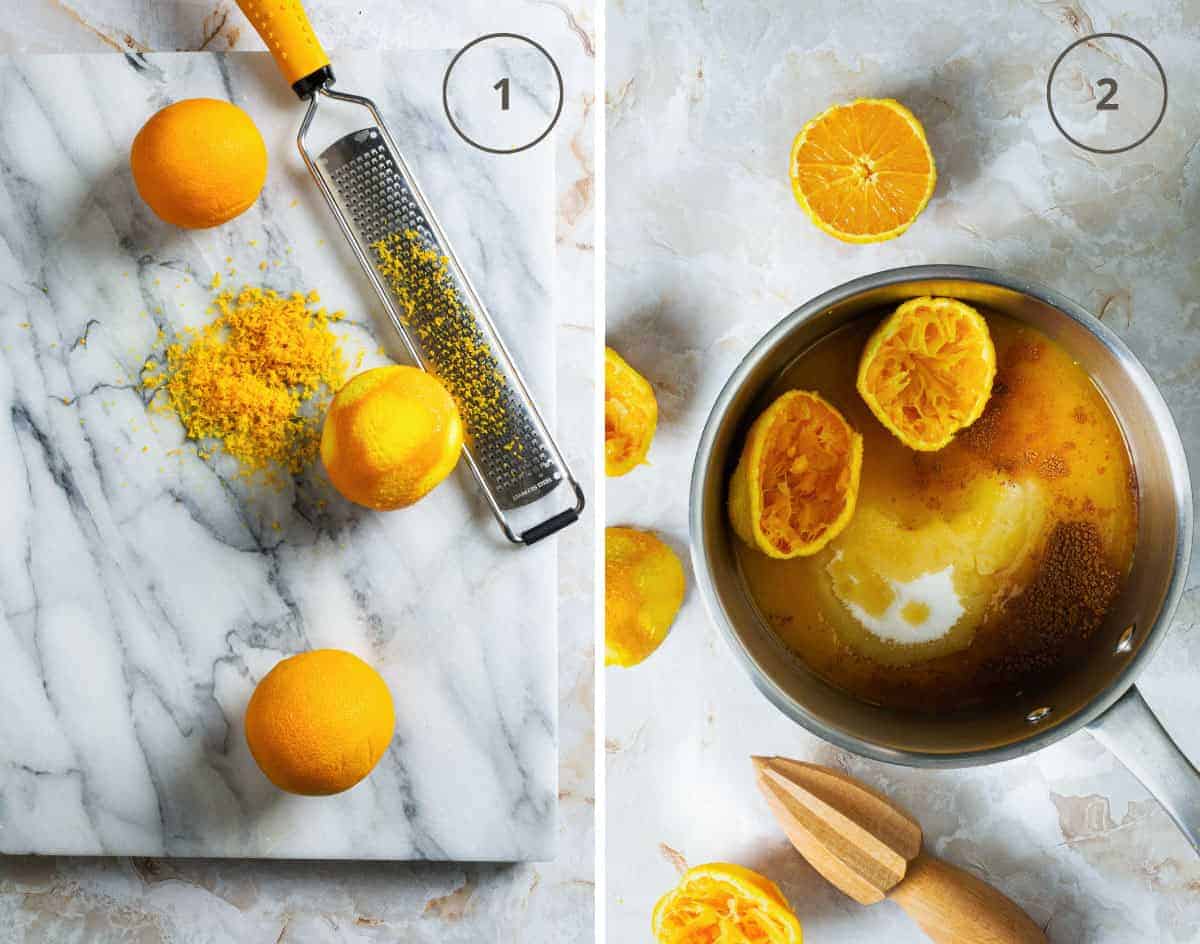 Two steps to making orange syrup for portokalopita: zesting the orange and cooking it with water and sugar.