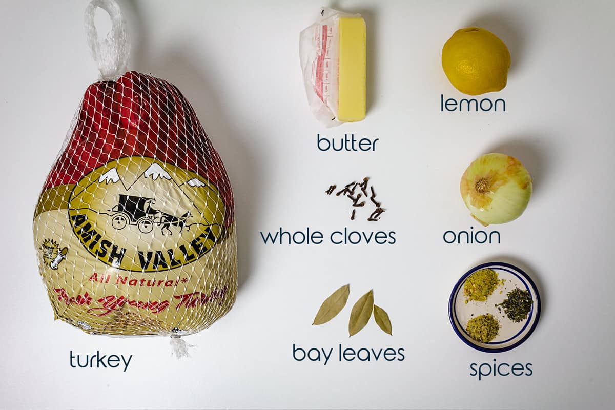 Ingredients for oven-roasted turkey on a counter with onion, lemon, butter, and spices.