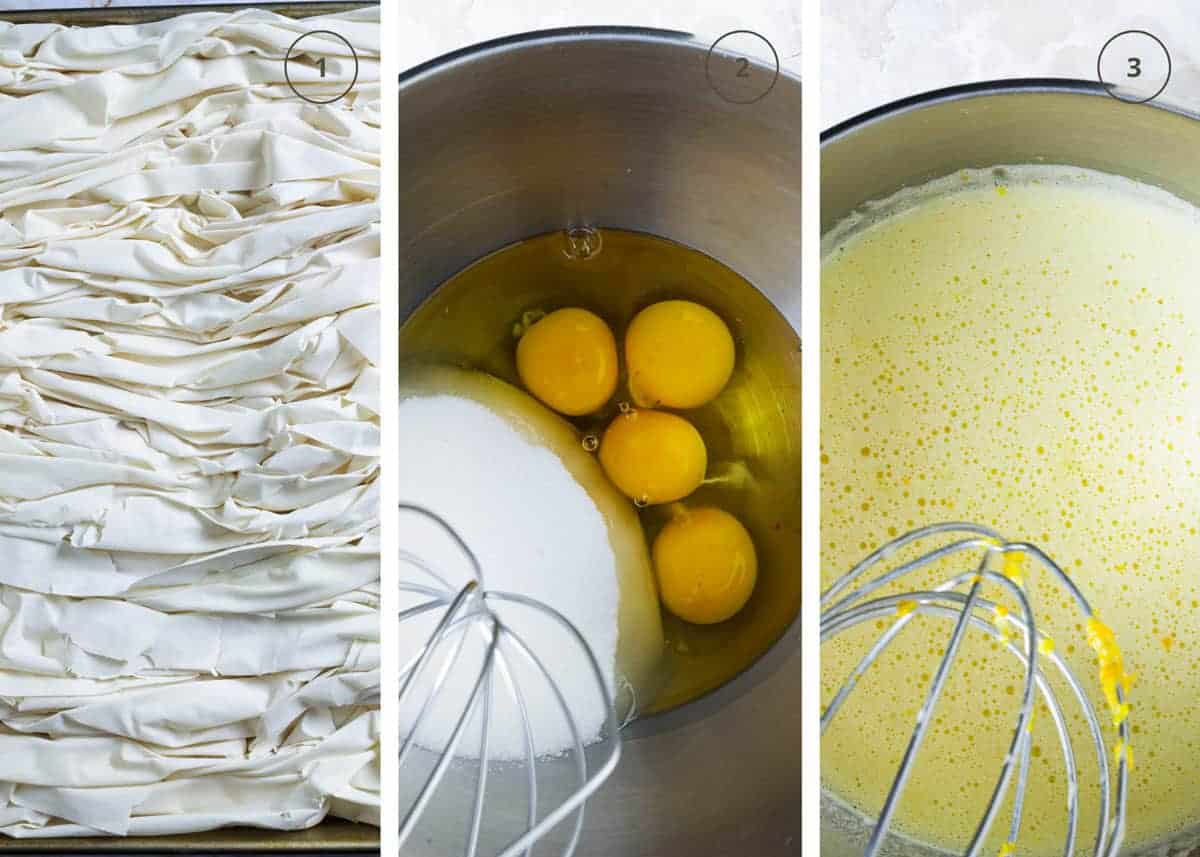 First three steps to making the Greek cake with filo and egg orange filling.