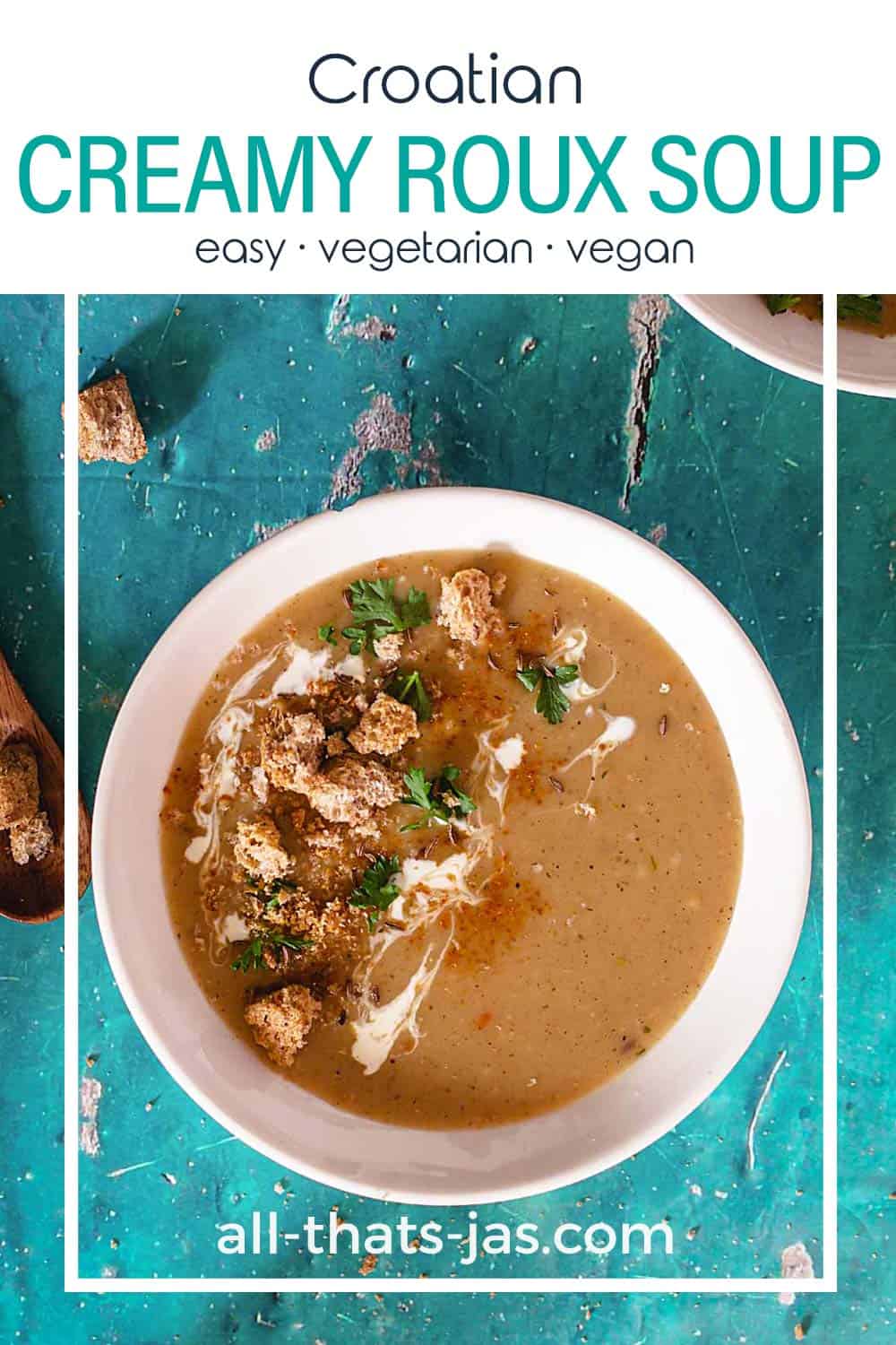 A bowl of browned flour soup with text overlay.