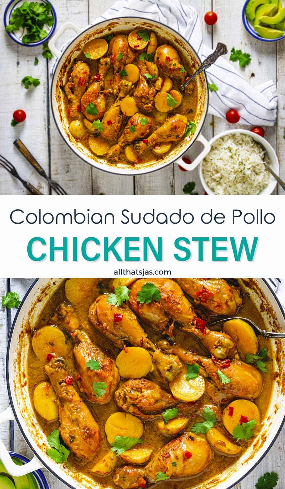 Two photo image of the chicken dish from South America with text overlay in the middle.