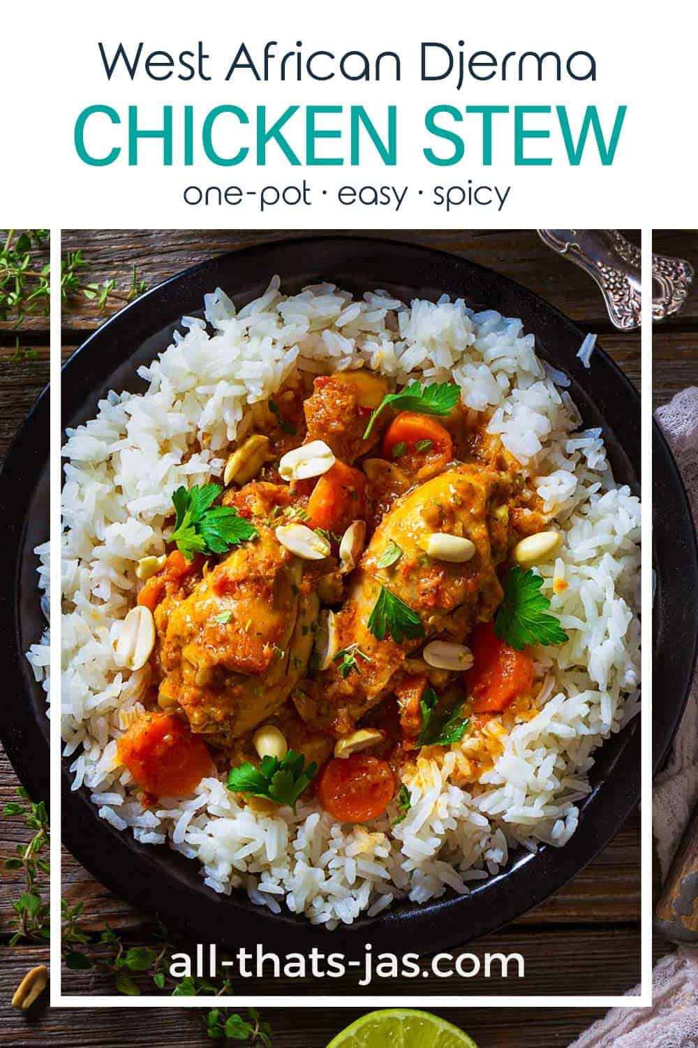 A national dish of Ghana, Senegal, and Niger on a plate with rice and text overlay.