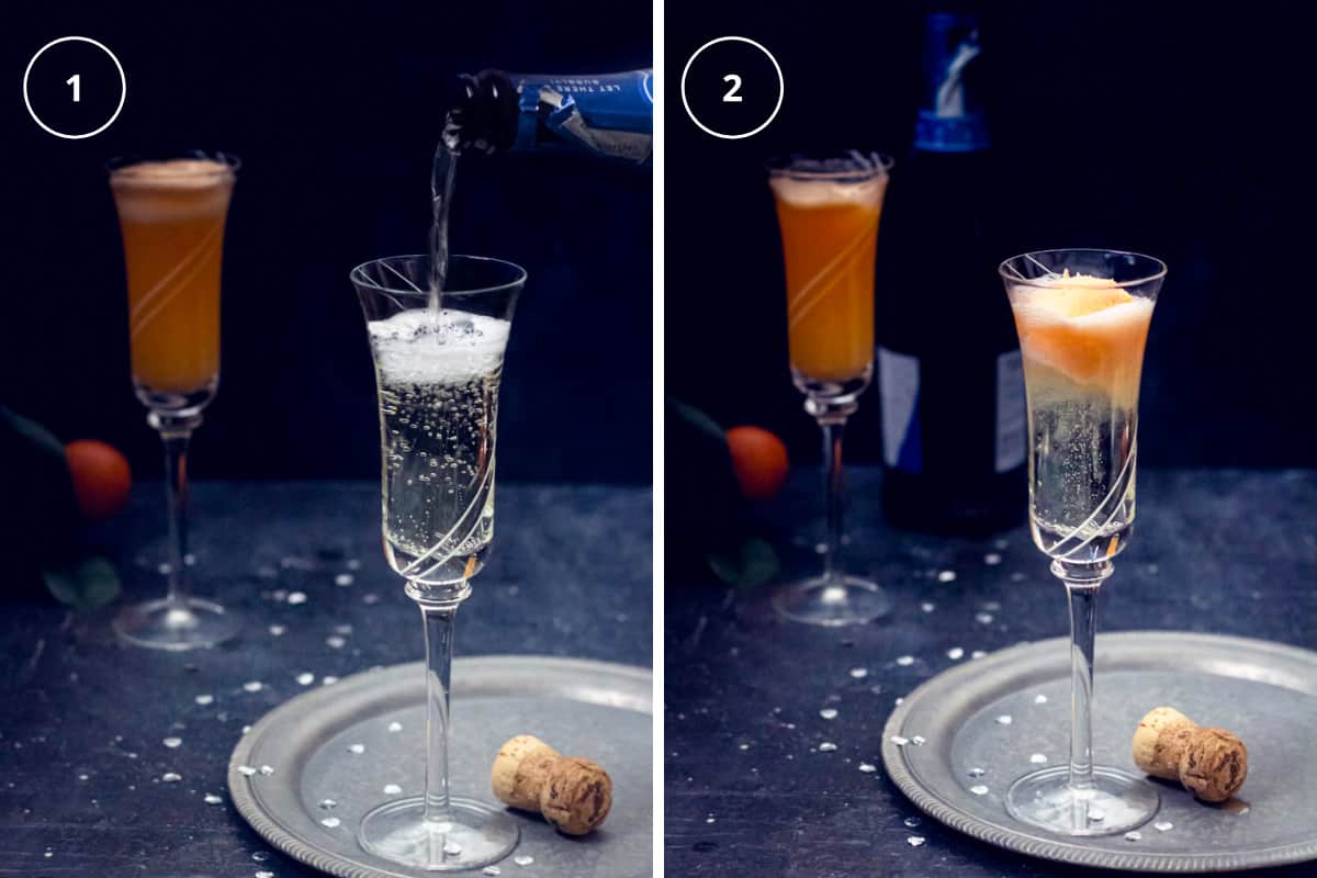 Two step photos on how to make the best champagne mimosa punch with orange ice cream.