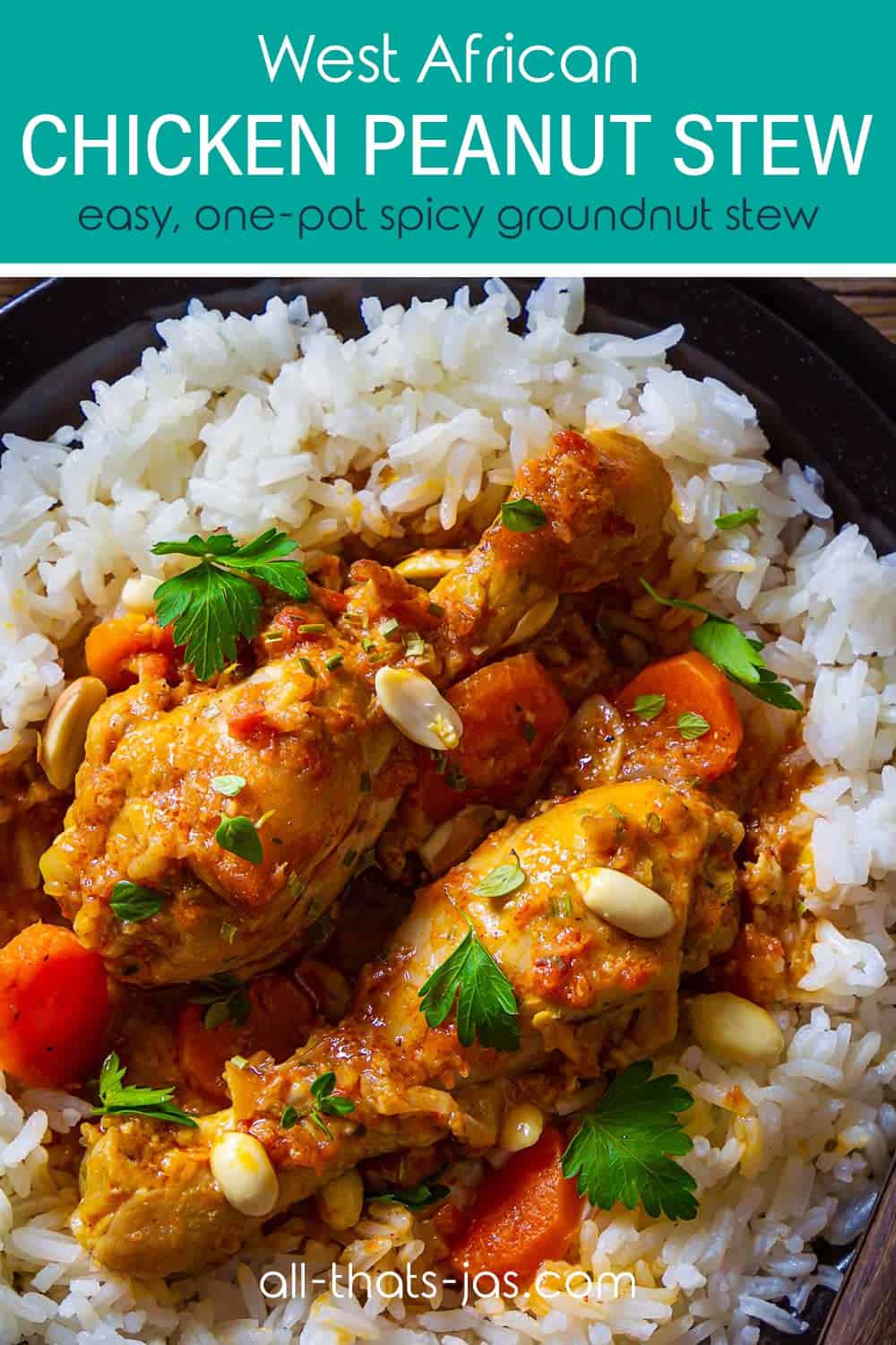 A closeup of the chicken drumsticks in spicy peanut sauce over white rice with text overlay.