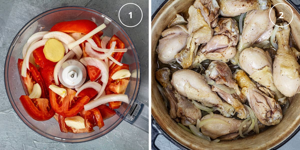 Two photo image with vegetables in a food processor and chicken pieces in a pot with onions.