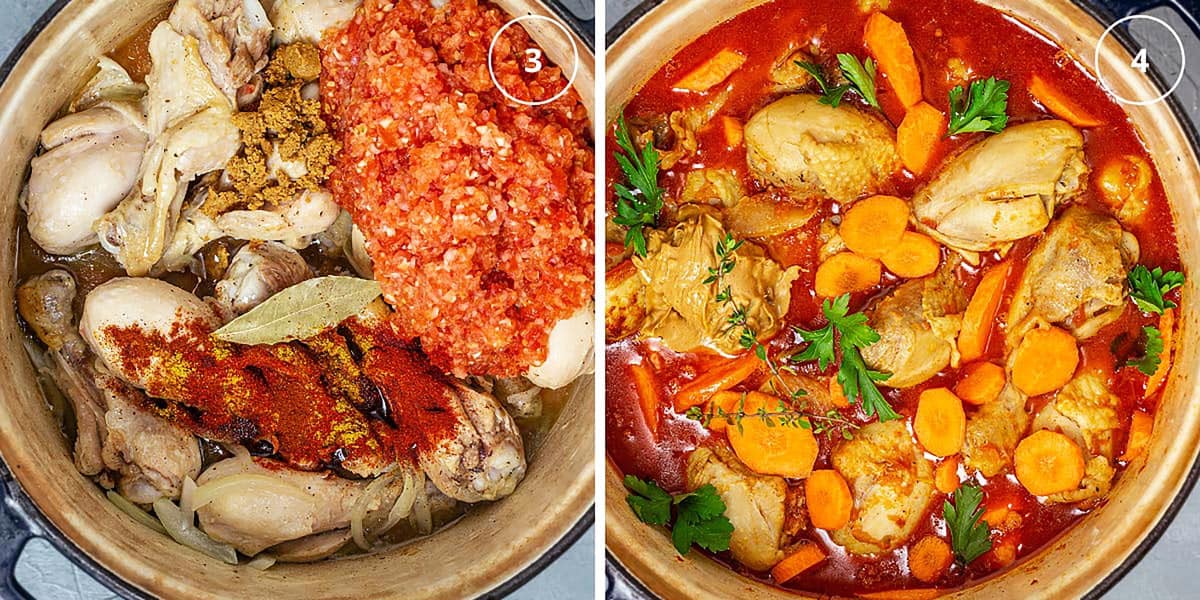 Two photo image with chicken and tomato sauce in a pot and a pot with finished peanut soup.