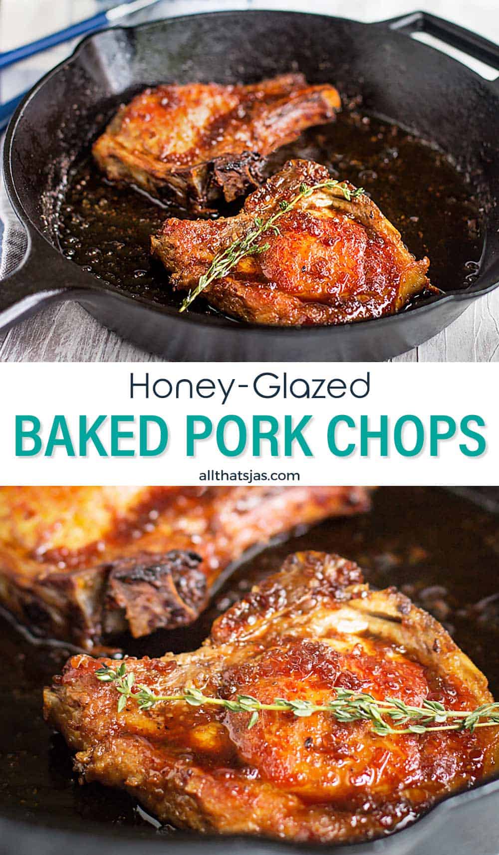 Two photo image of honey-glazed pork chops with text overlay in the middle.