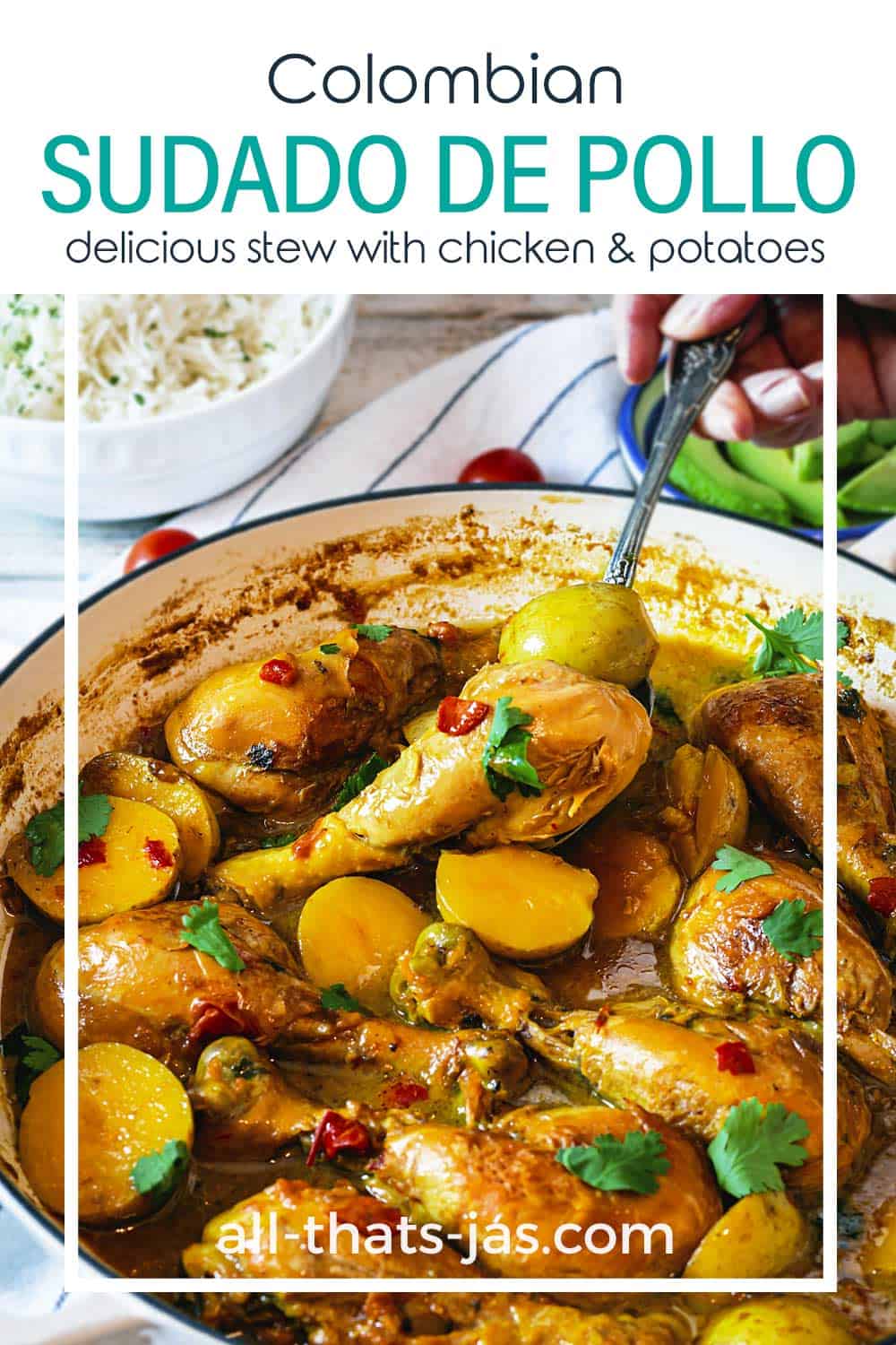 Serving chicken stew with text overlay.