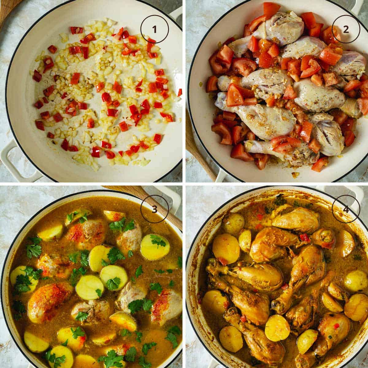 Four-step image for making the chicken potato stew from Colombia.