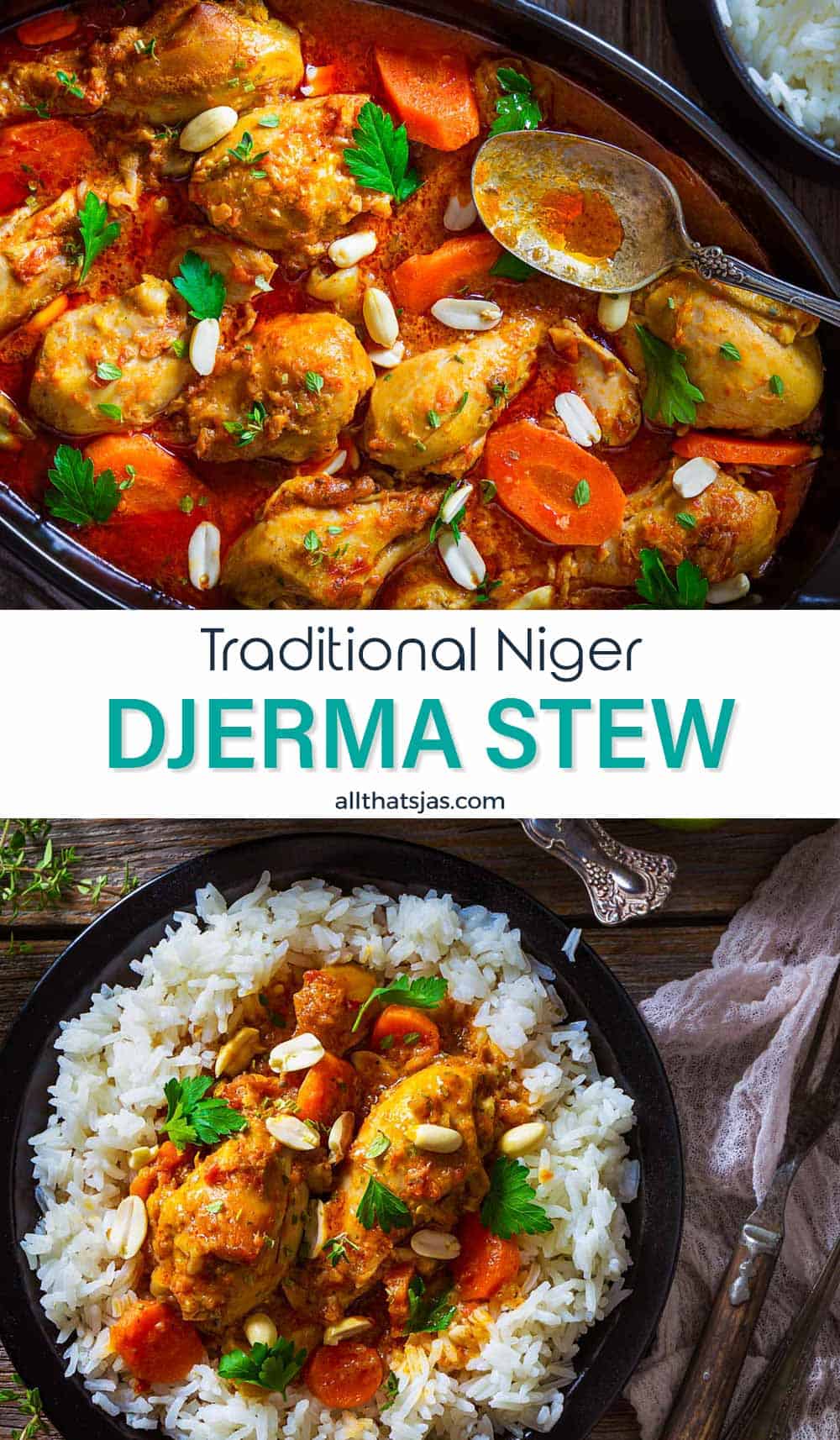 Two photo image of traditional Niger stew Djerma with text overlay in the middle.