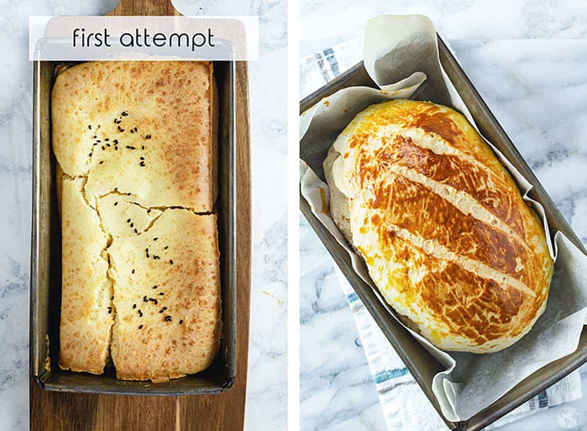 Two no-yeast milk bread loafs in tin pans.