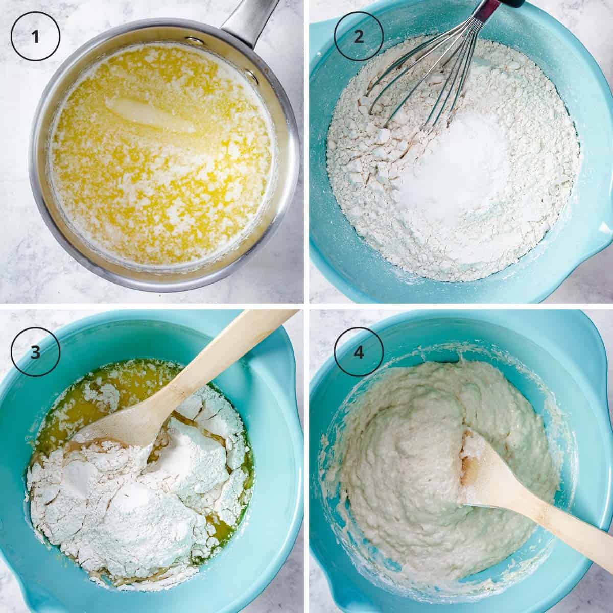 Four steps to mixing ingredients for bread dough.