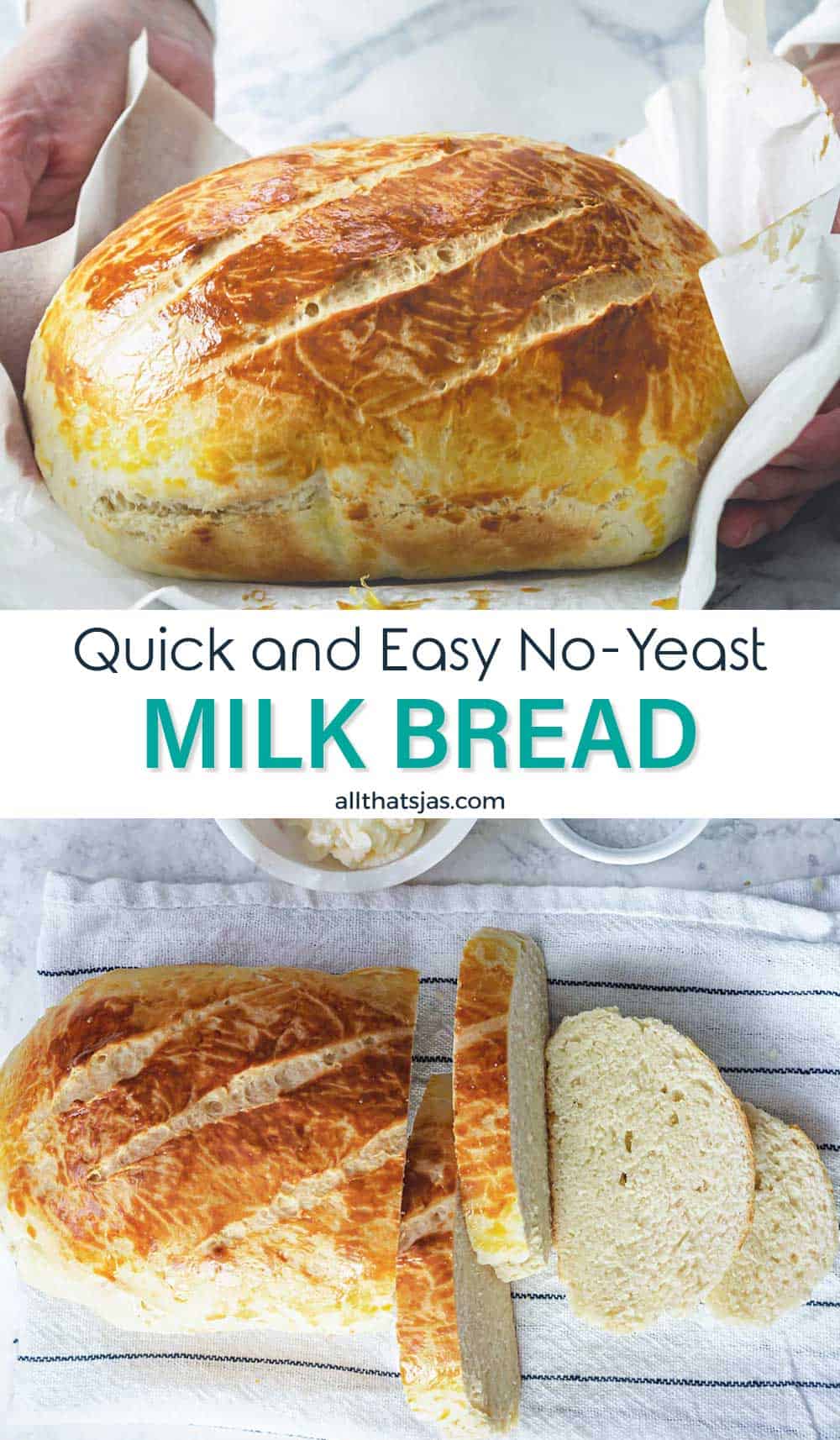Two photo image of quick and easy no yeast loaf with text overlay in the middle.