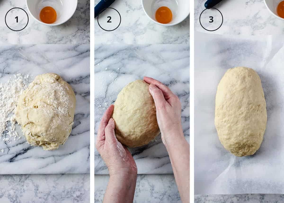 Shaping the dough into a loaf in three steps.