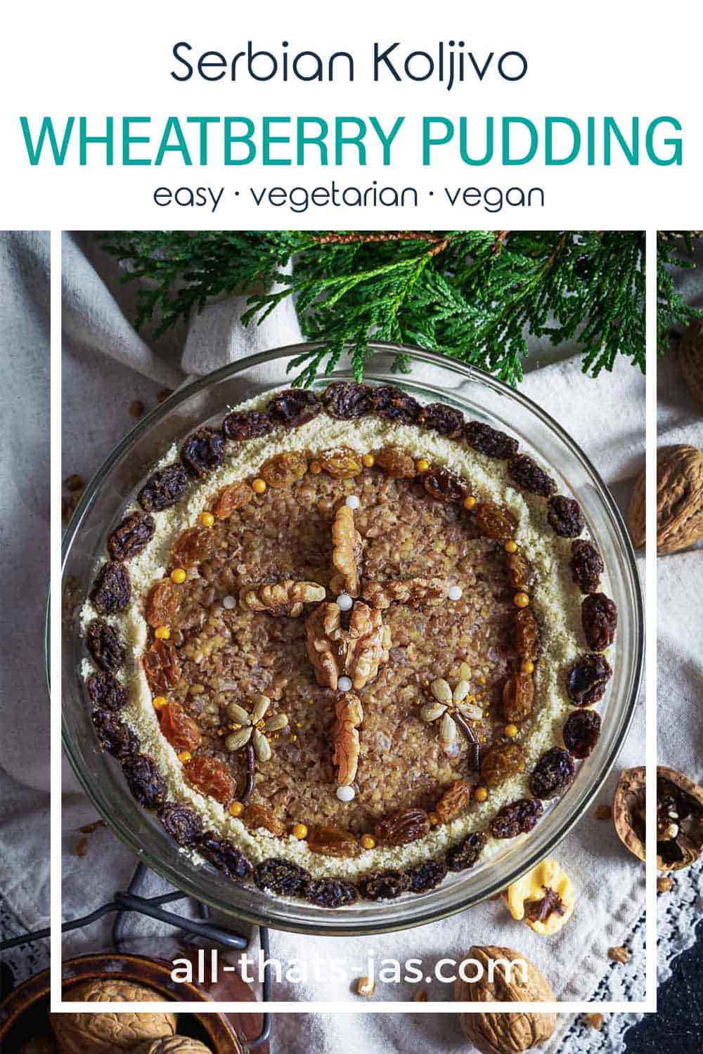 Wheat pudding in a bowl, decorated with raisins, seeds, and nuts with text overlay.