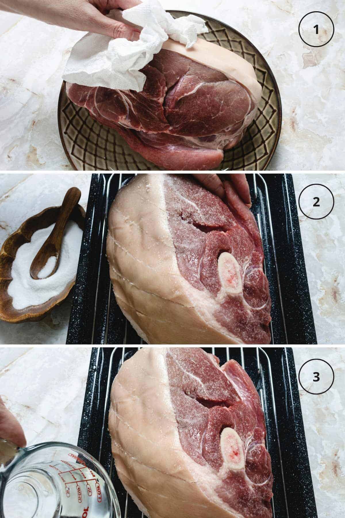 Three-step image for prepping and making the pork shoulder for roasting.