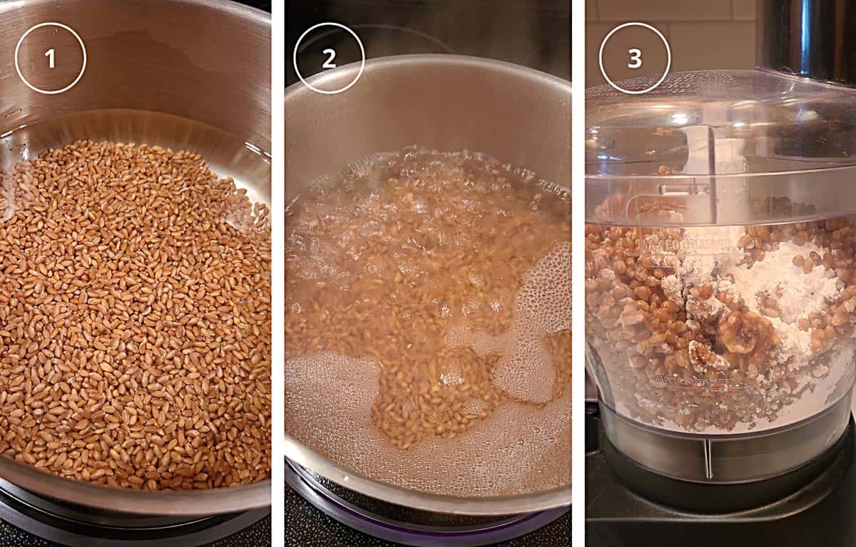 Three steps to making koljivo, including rinsing and cooking the grains, then mixing with sugar and nuts in a food processor.