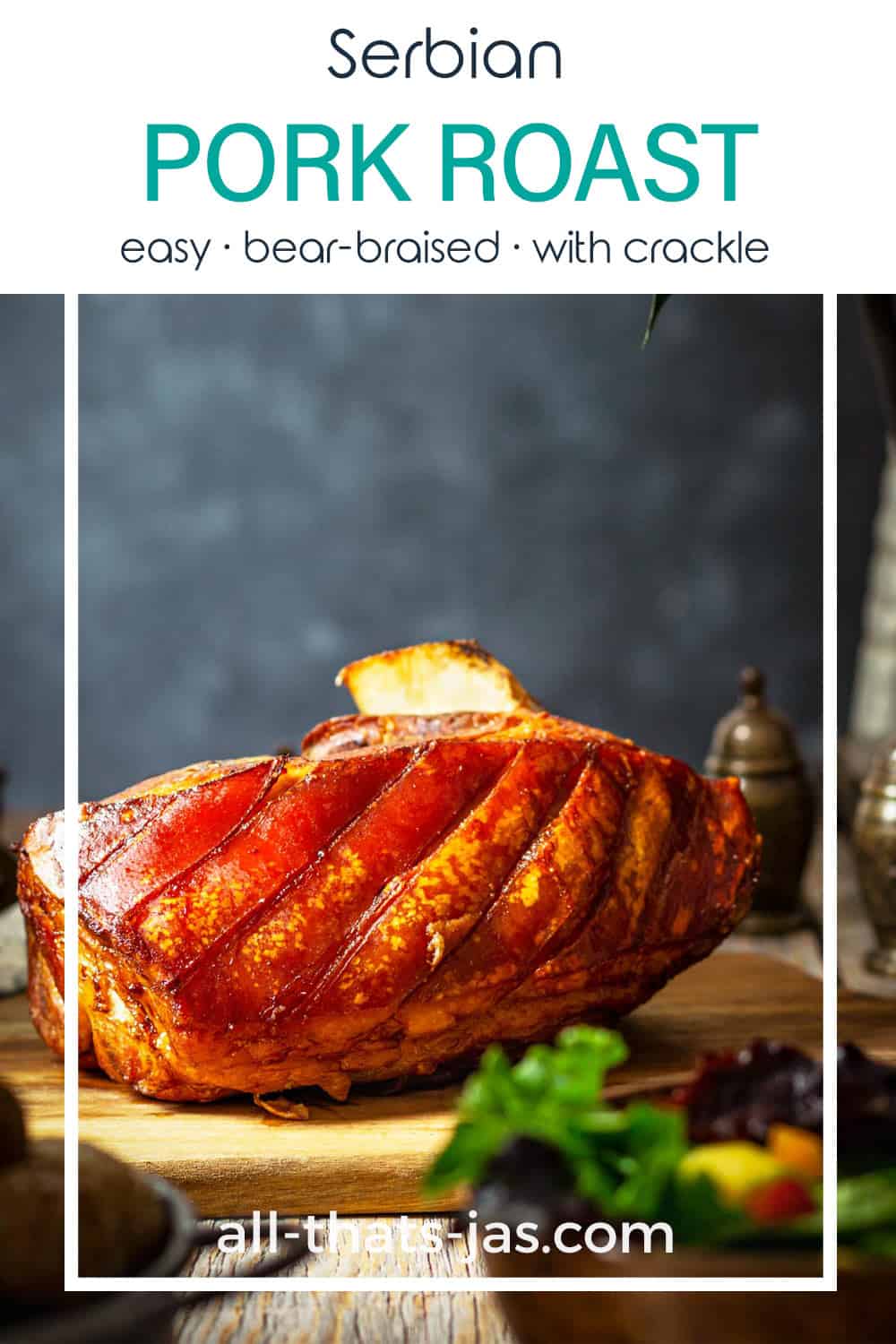 A close up of the crispy skin, crackle, of the pork roast with text overlay.