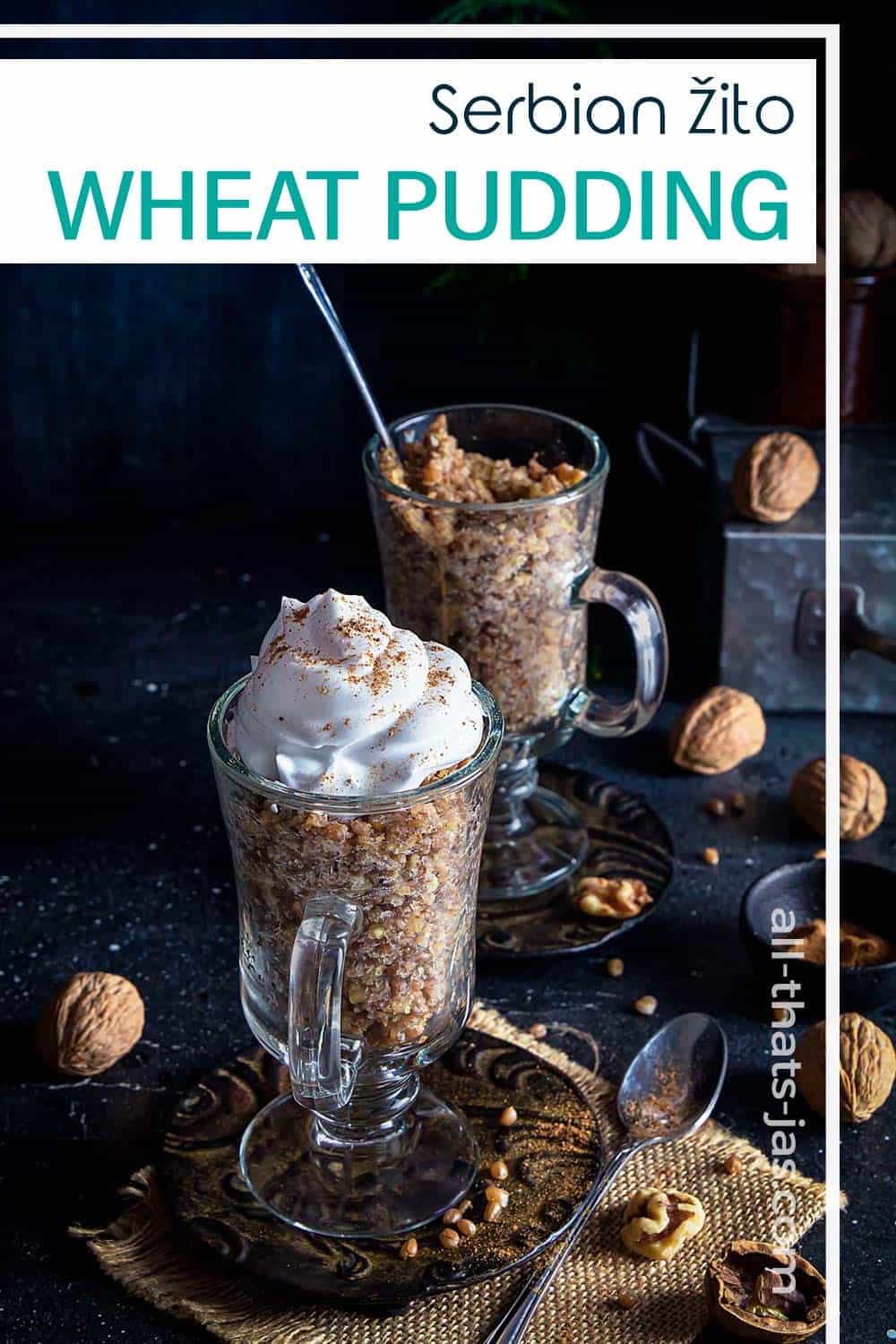 Two glasses with whole grain pudding and text overlay.
