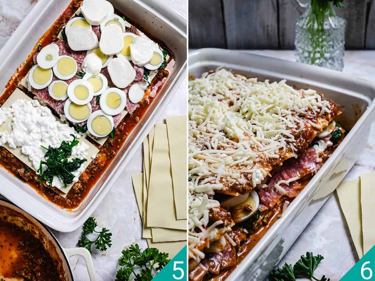 Salami and boiled eggs layer and assembled lasagna photos.