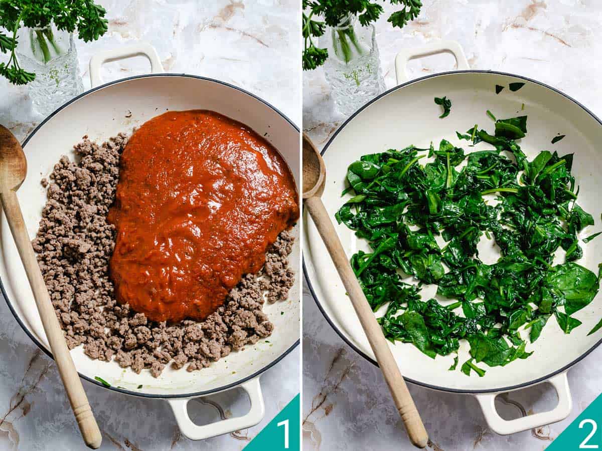 Two photos for making ragu meat sauce and spinach layer for lasagna.