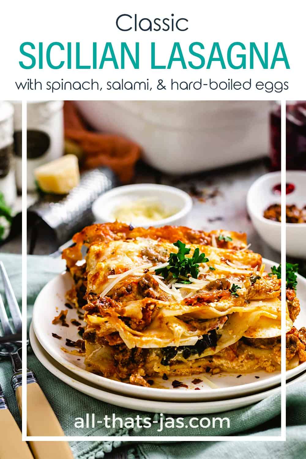 A slice of Sicilian lasagna on a plate with text overlay.