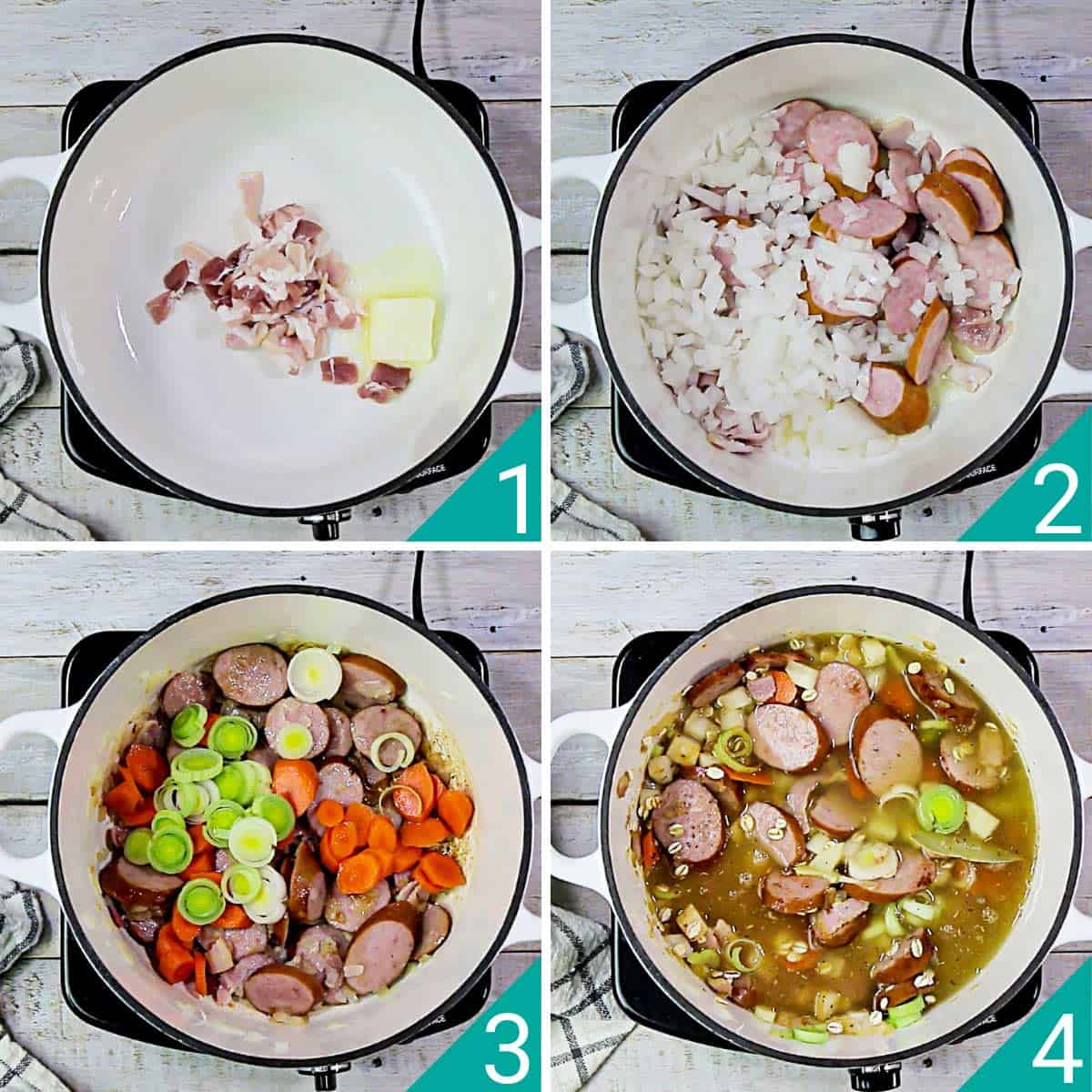 Four-photos image of how to cook barley soup from browning the bacon, then onions and sausage, to adding vegetables, and broth. 