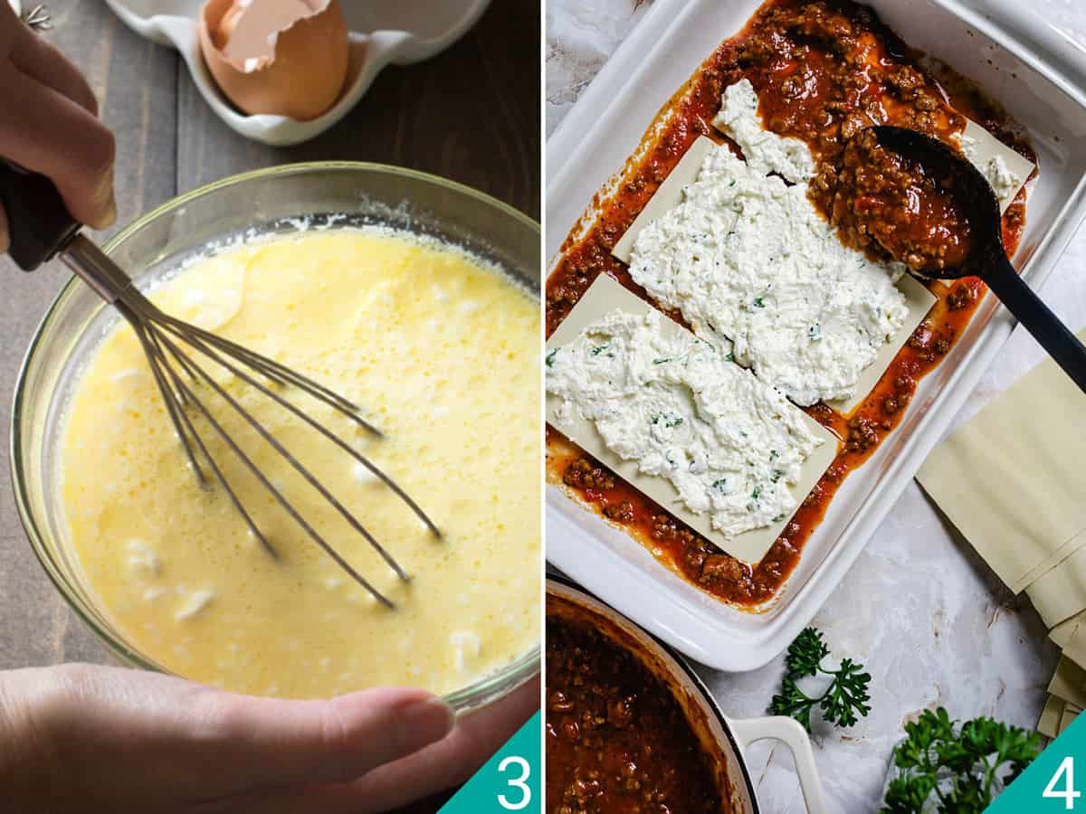 Mixing cheeses and assembling first layers of lasagna.