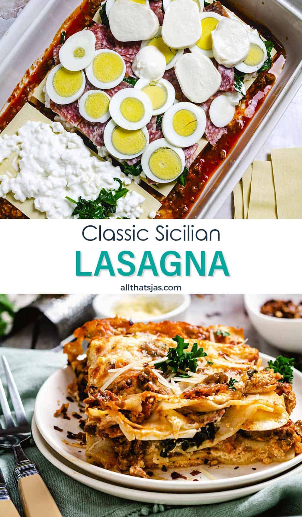 Two photo image of lasagna layers and baked lasagna with text overlay in the middle.