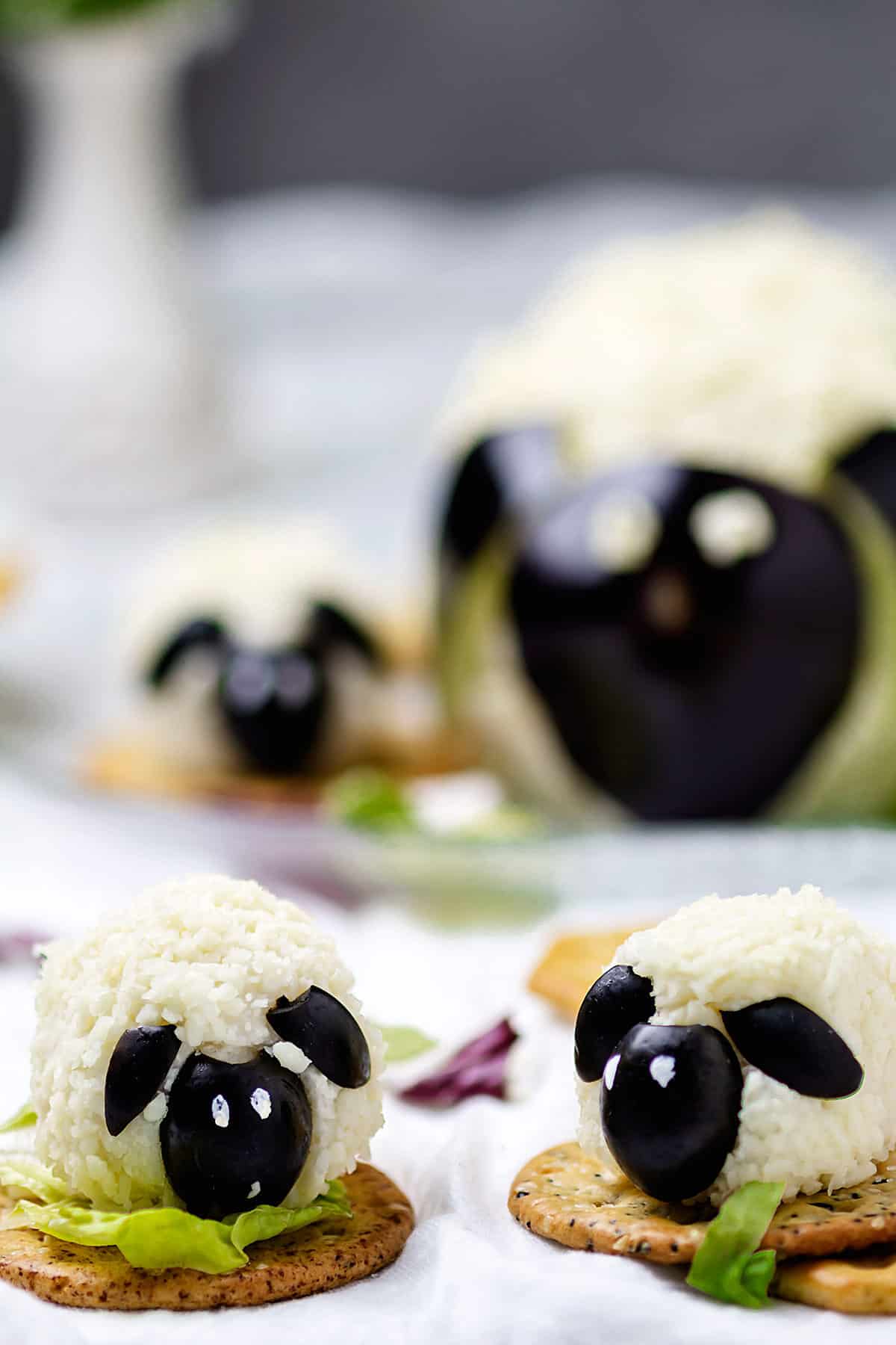Amazing lam and sheep-shaped Easter cheese balls served on crackers.