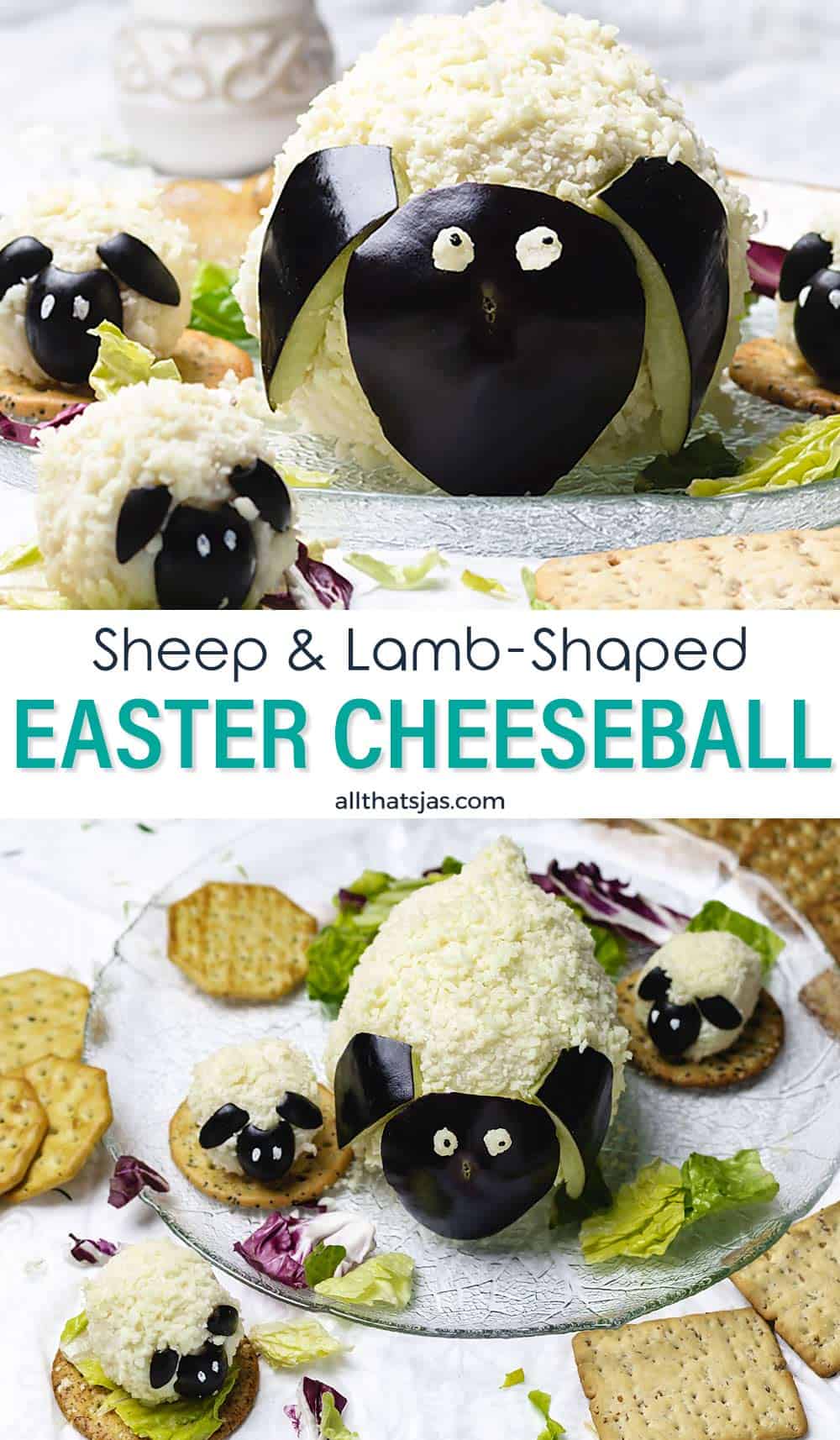 Two photo image of lamb and sheep Easter appetizer with text overlay in the middle.