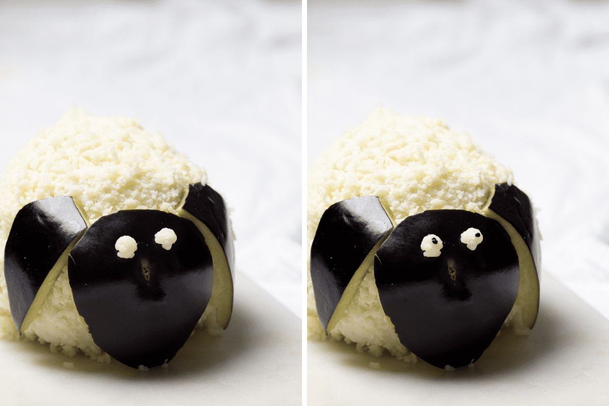 Adding face and eyes to an Easter sheep cheese ball.