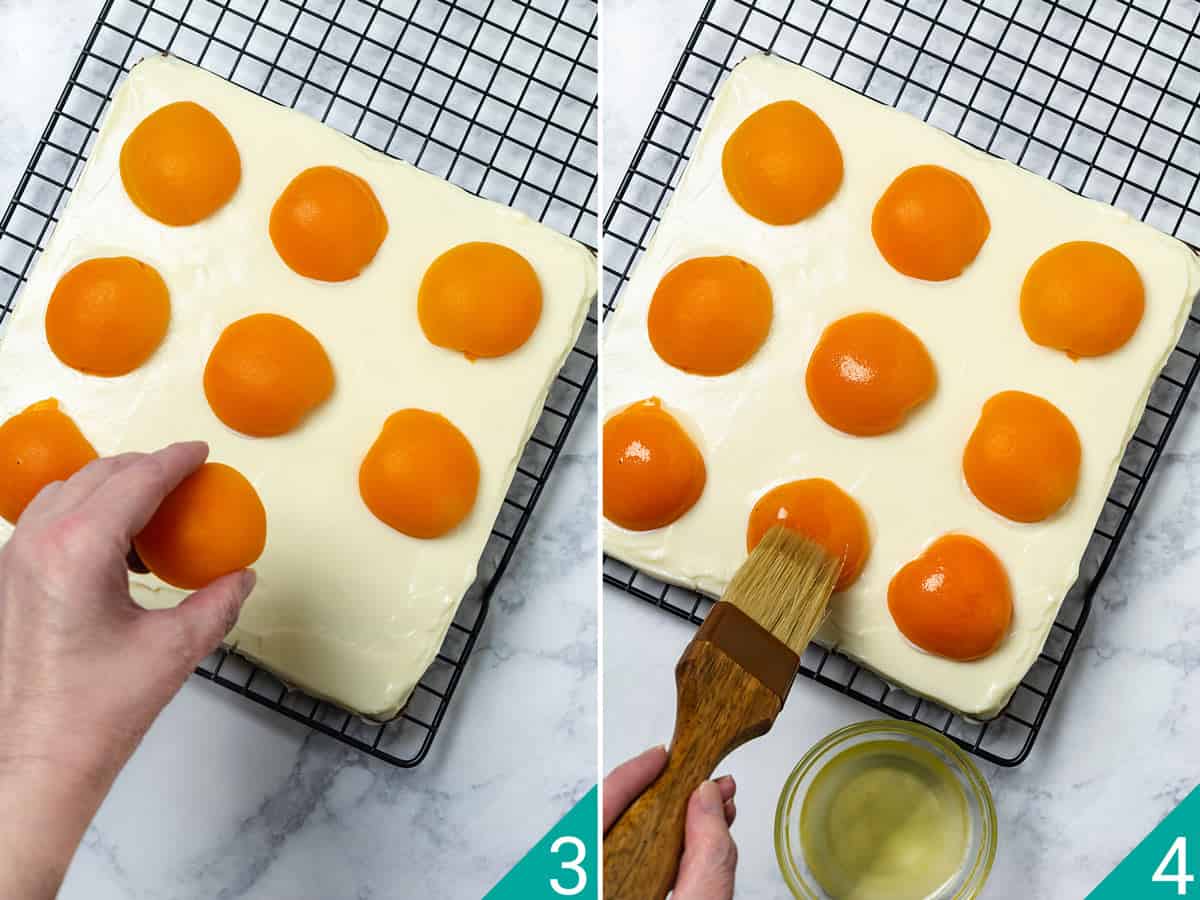 Two-photo image of placing apricot halves as egg yolks on the top of the cake and then glazing them.