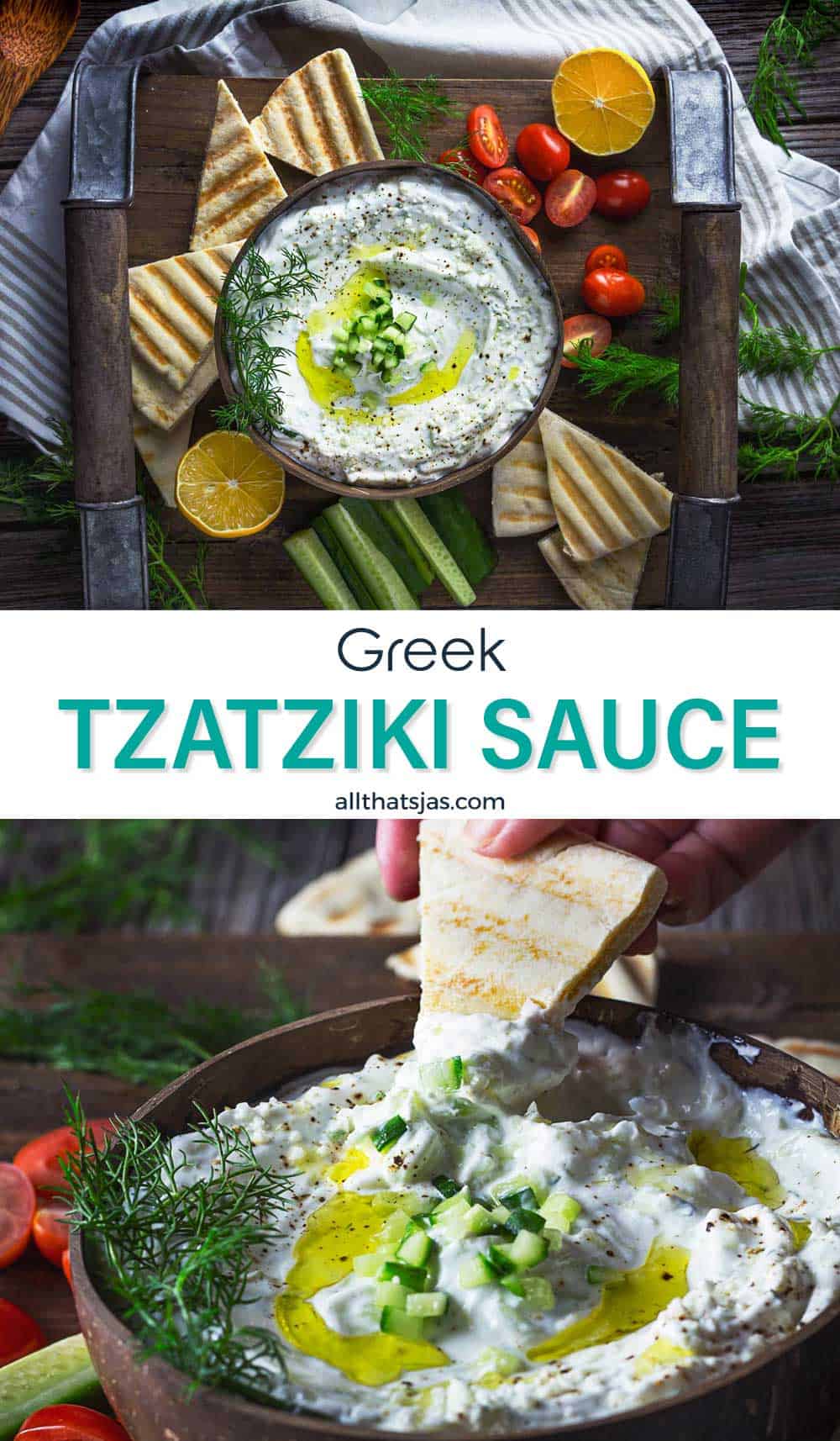 Two photo image of the Greek sauce in bowls with pita bread wedges and text overlay in the middle.