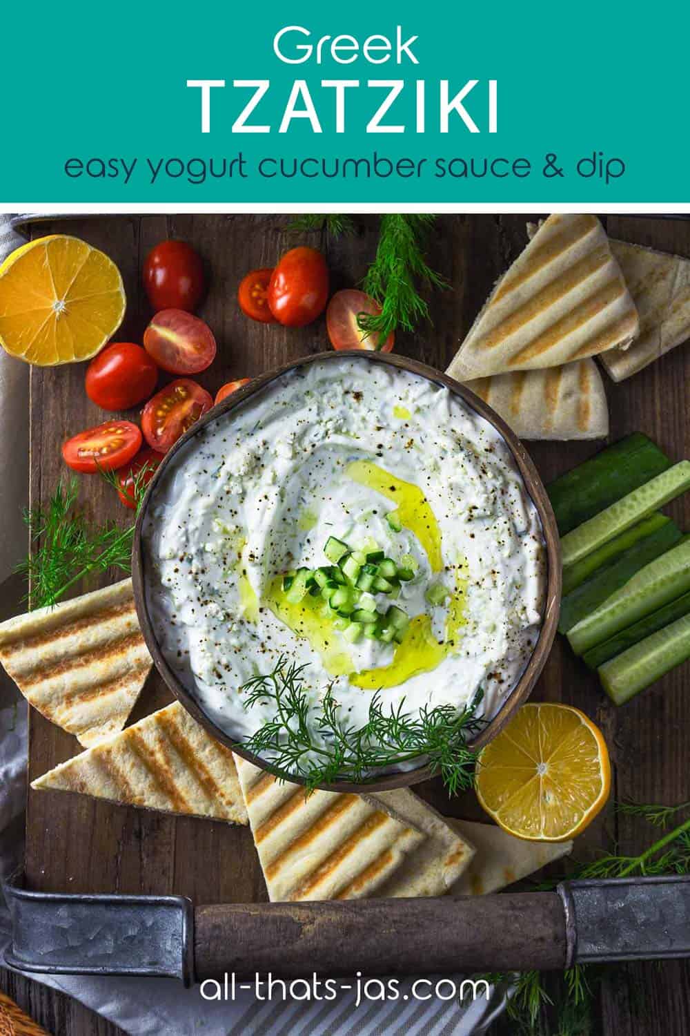 Greek yogurt dip in a bowl served with vegetables and grilled pita bread, with text overlay.