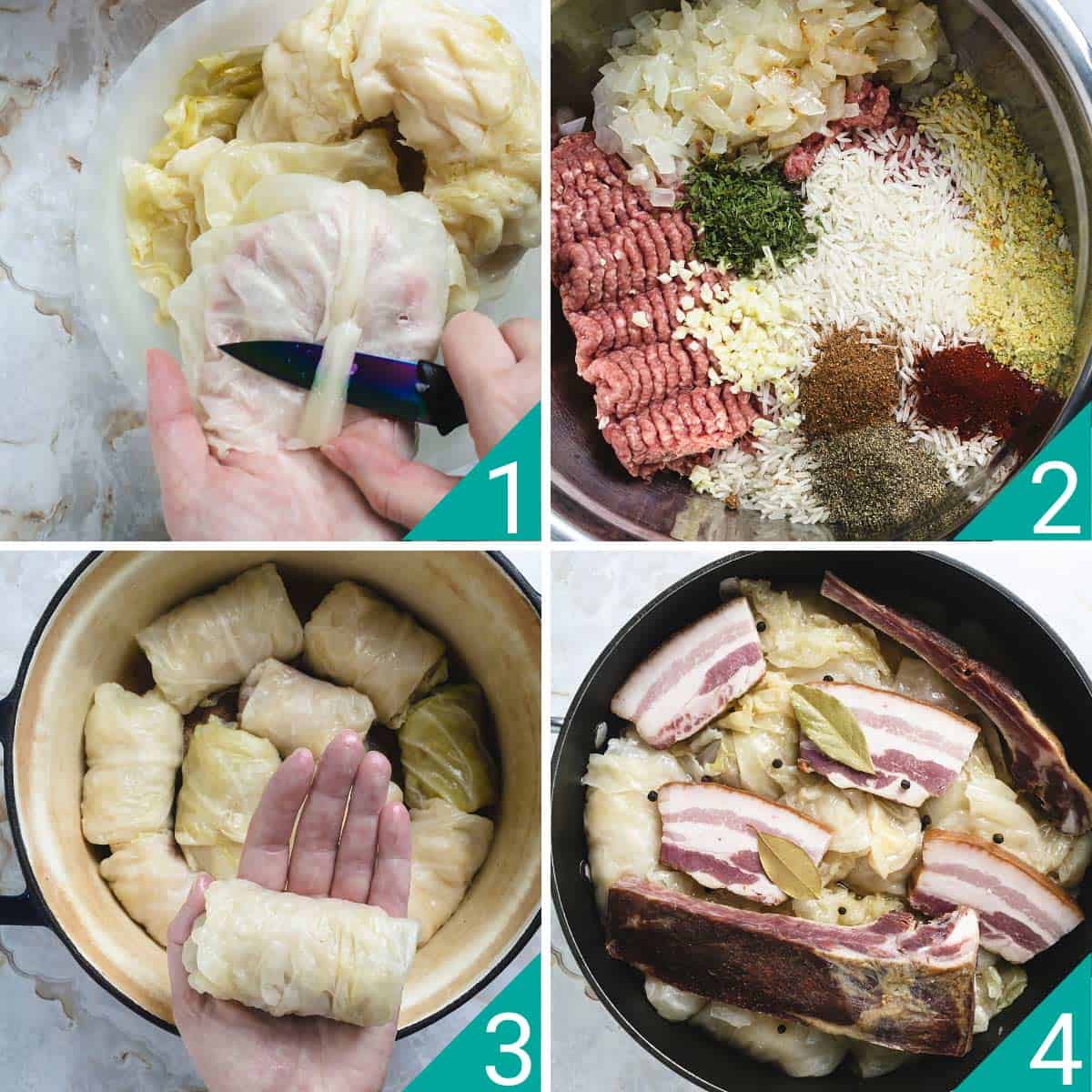 Four-step photo of prepping the leaves, making the meat stuffing, making rolls, and covering them with smoked meat.